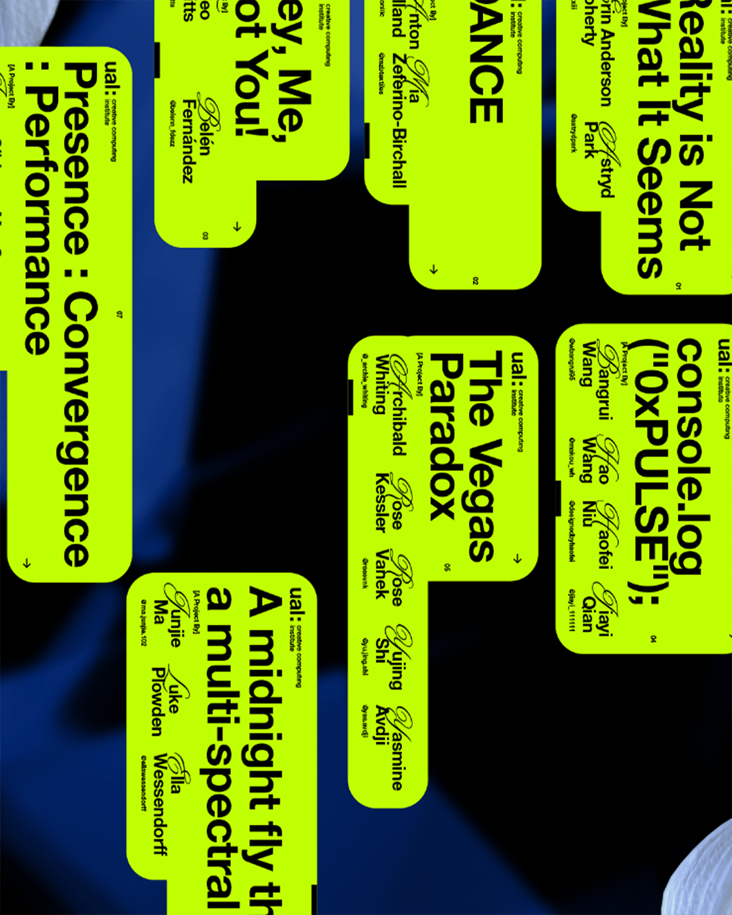 Several bright lime green text boxes with black text featuring project titles and contributors, arranged in a tilted grid pattern over a dark blue background.