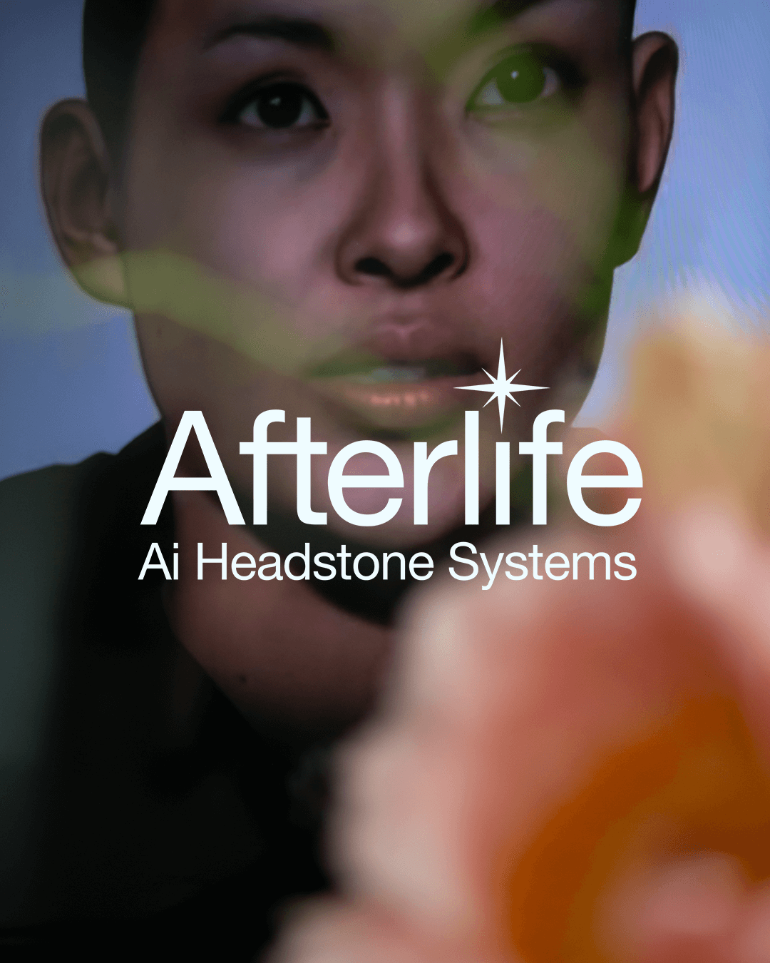 Close-up of a person's face with text 'Afterlife Ai Headstone Systems' overlaid.