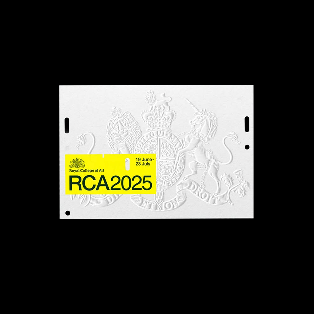 White embossed card featuring a royal crest with a lion and unicorn, overlaid with a bright yellow label reading 'Royal College of Art RCA 2025 19 June - 23 July'.