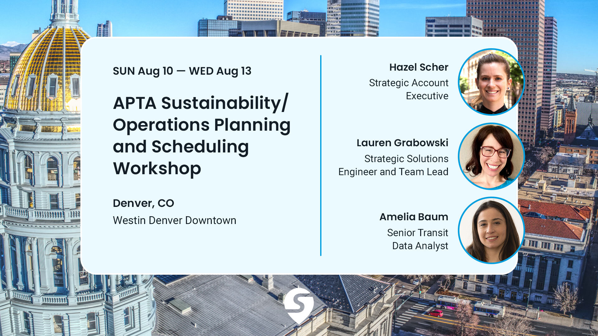 Photo of the Swiftly team with details about APTA Sustainability/Operations Planning and Scheduling Workshop 2025