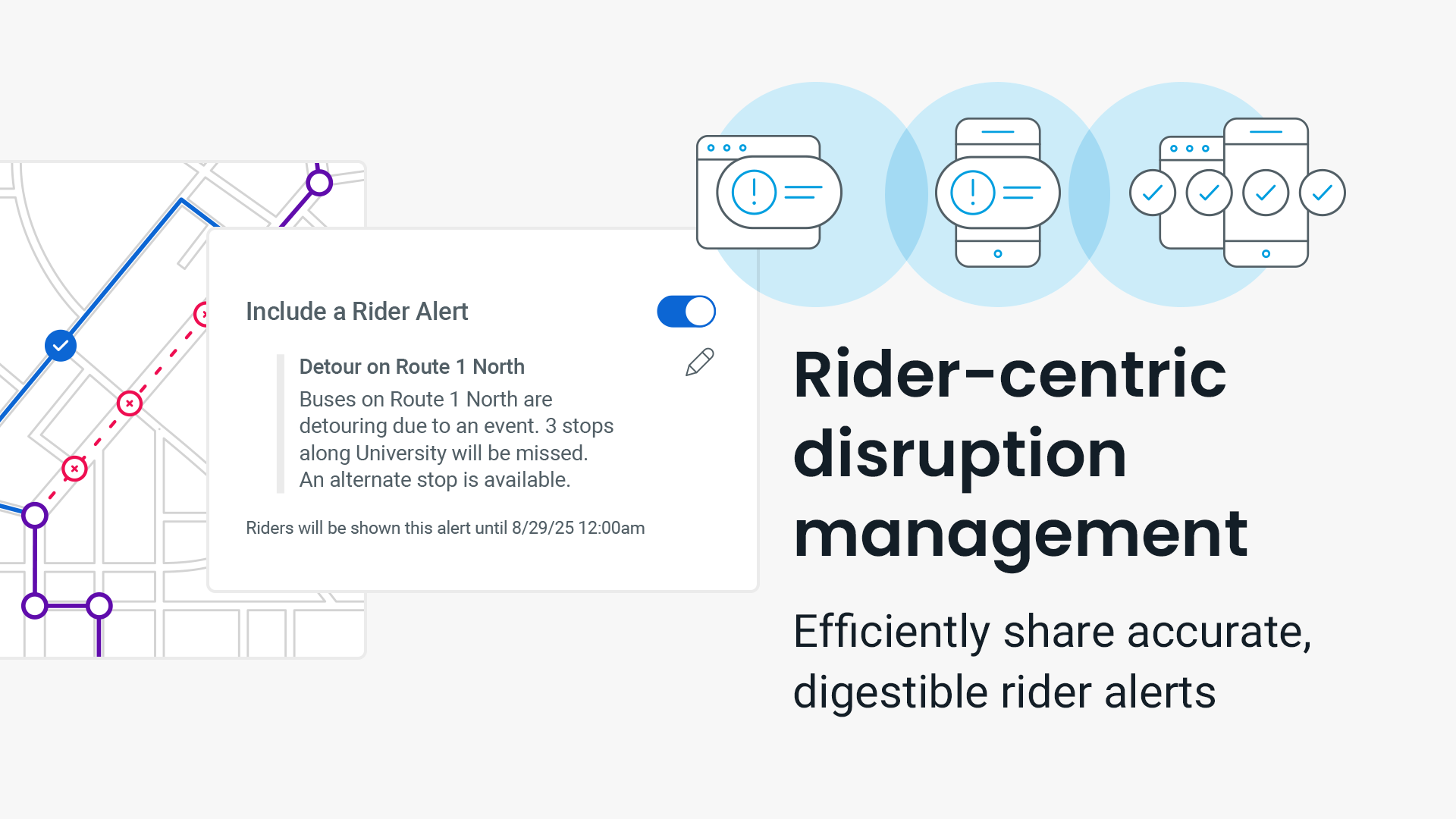 Graphic showing a detour, an automated rider alert, and the sychronization of the alerts for agency staff and transit riders
