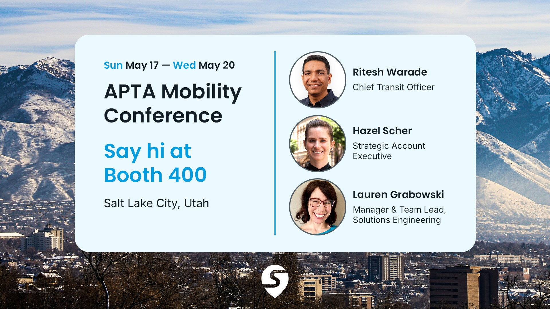 Photo of the Swiftly team with details about APTA Mobility 2026.