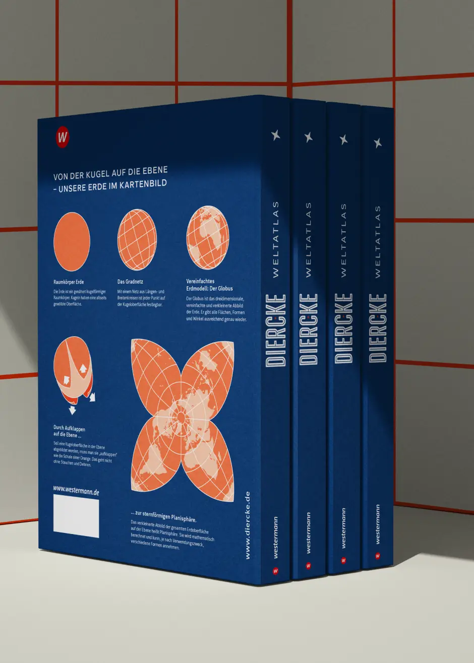 Buchrückseite des Diercke Weltatlas mit Illustrationen