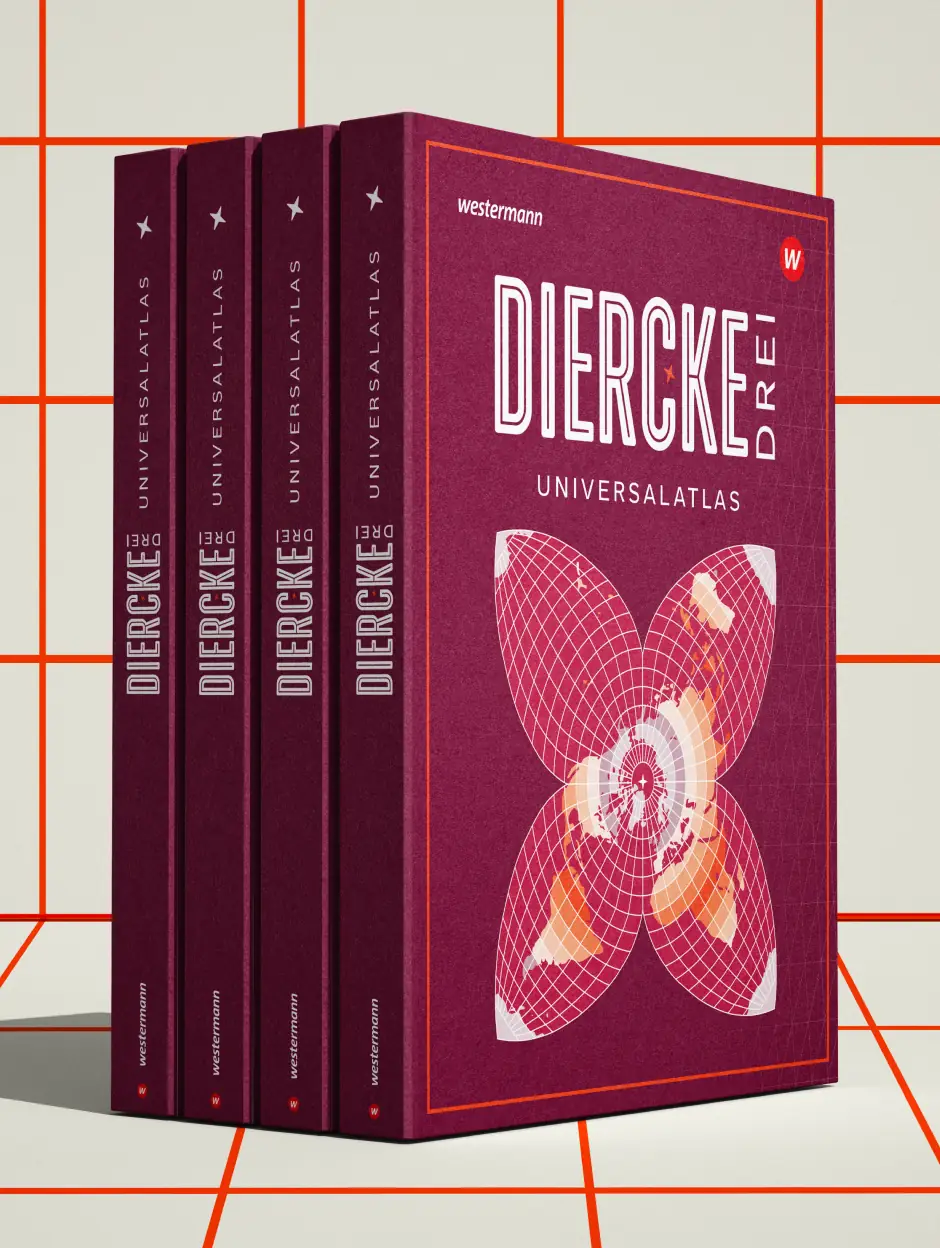 Vier aufgereihte Ausgaben des Diercke Drei Universalatlas