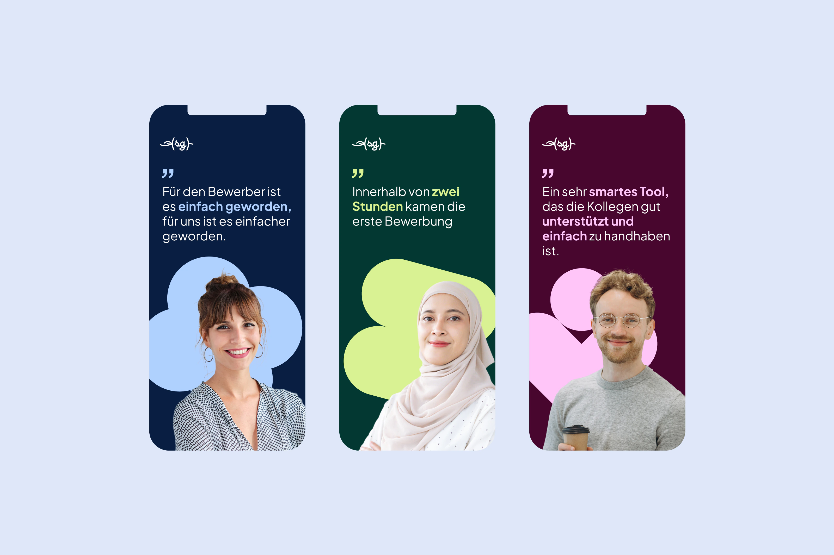 Mobile Testimonial-Slider mit Nutzerzitaten in den Primärfarben der neuen softgarden Markenidentität.