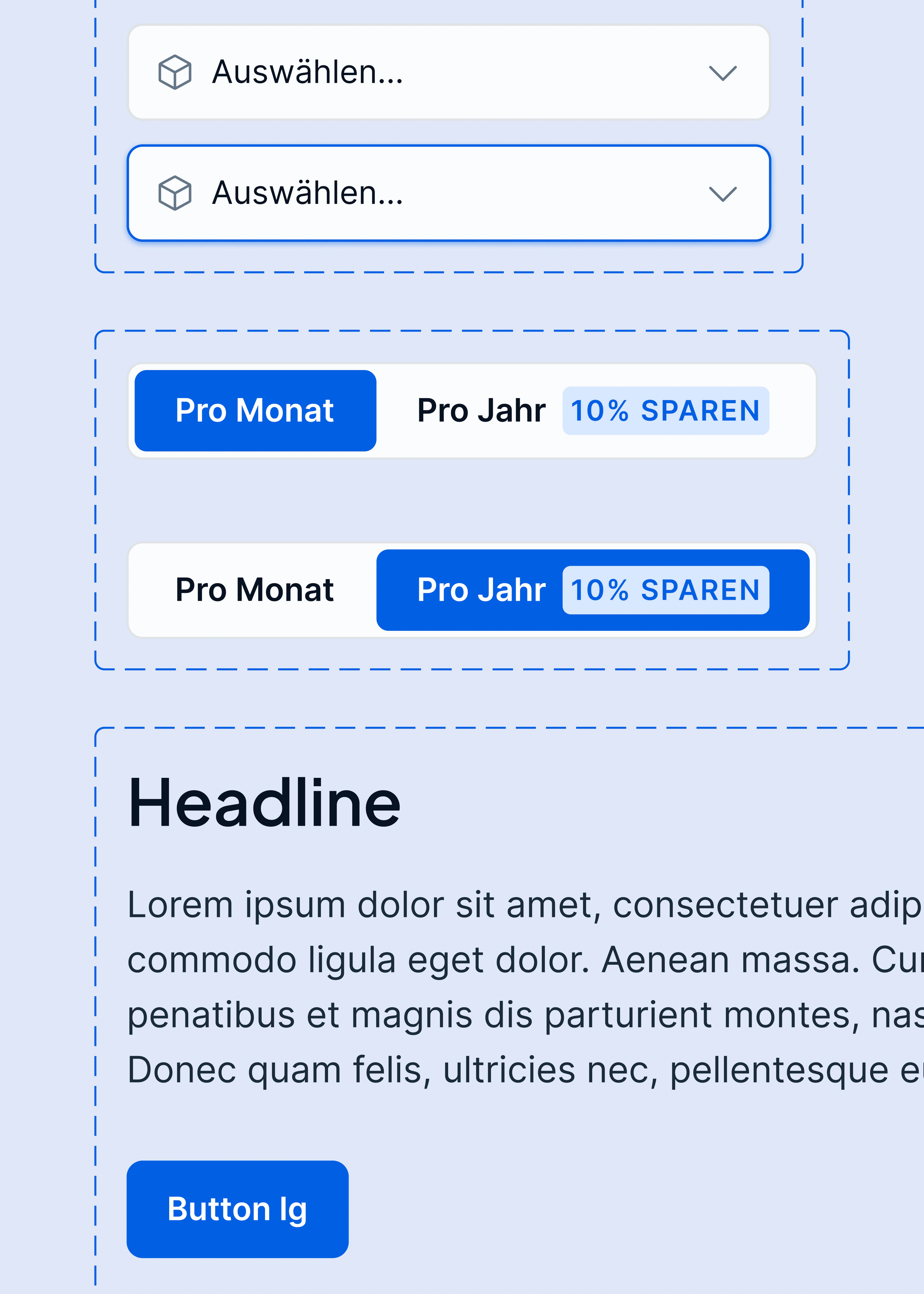 Systemische UI-Komponenten wie Dropdowns und Pricing-Toggle für ein skalierbares digitales Design-System.