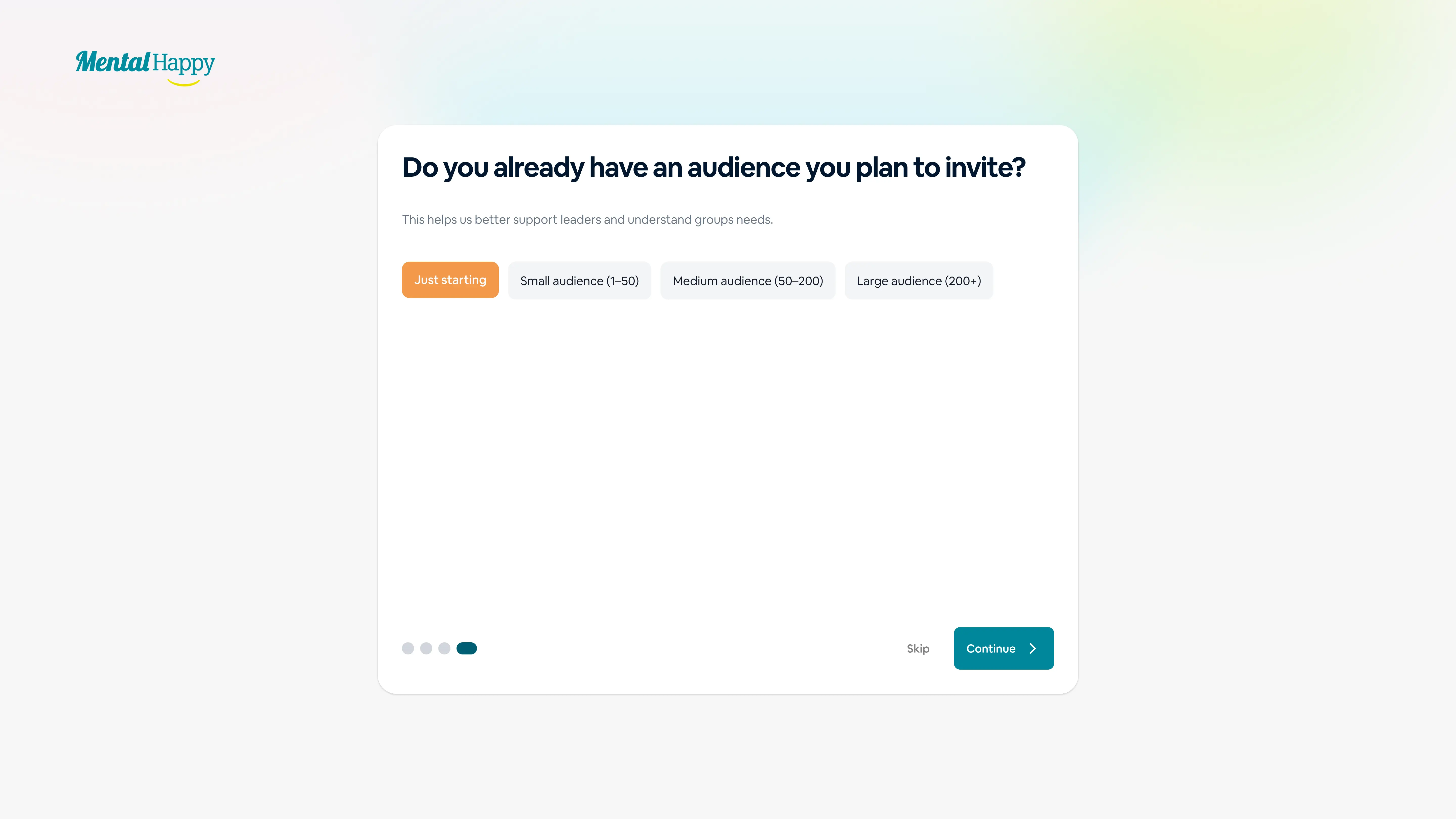 MentalHappy onboarding screen asking about audience size for support group invitations
