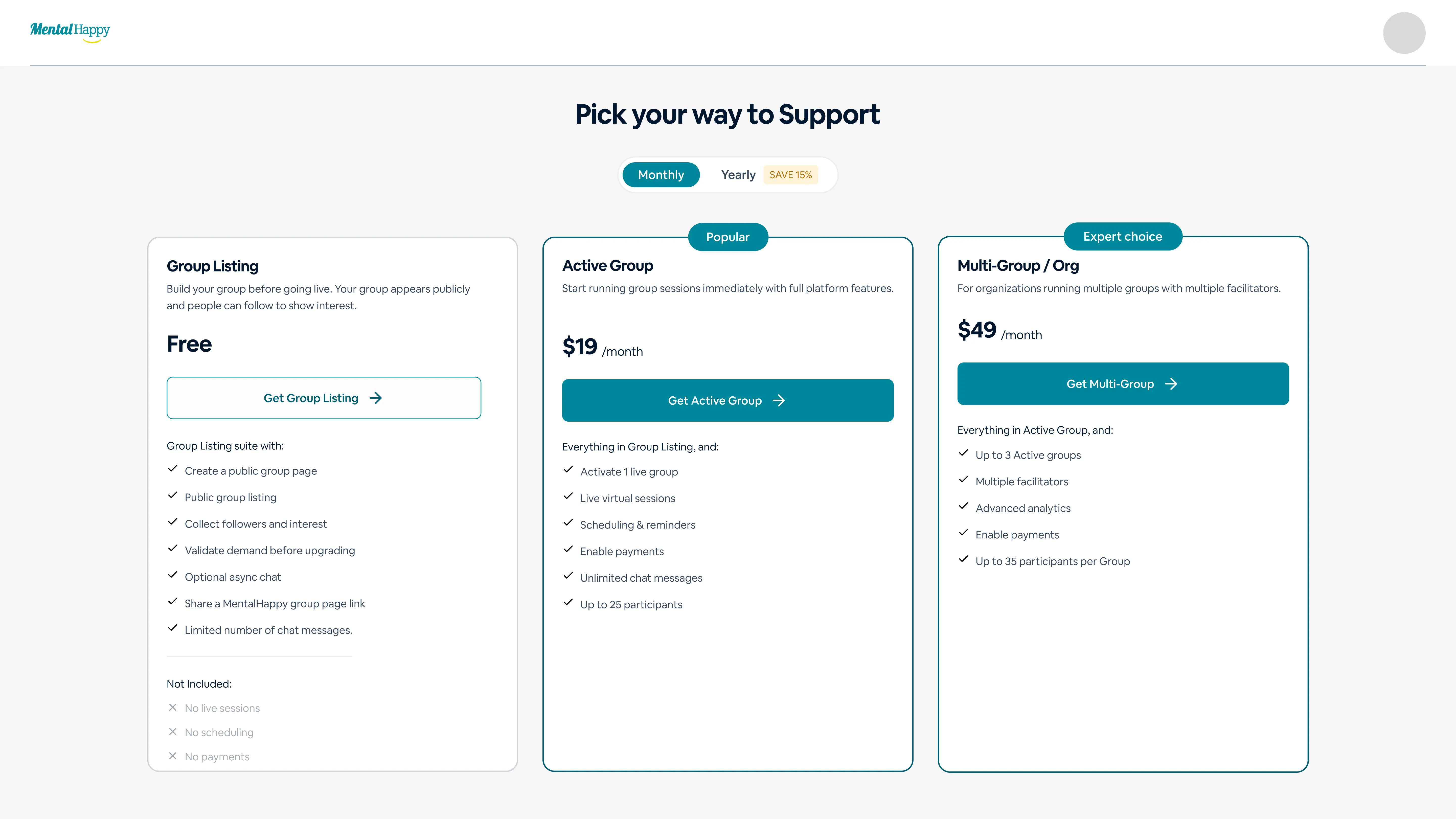 MentalHappy hosting plan selection screen showing options for group listing, active group, and multi-group plans