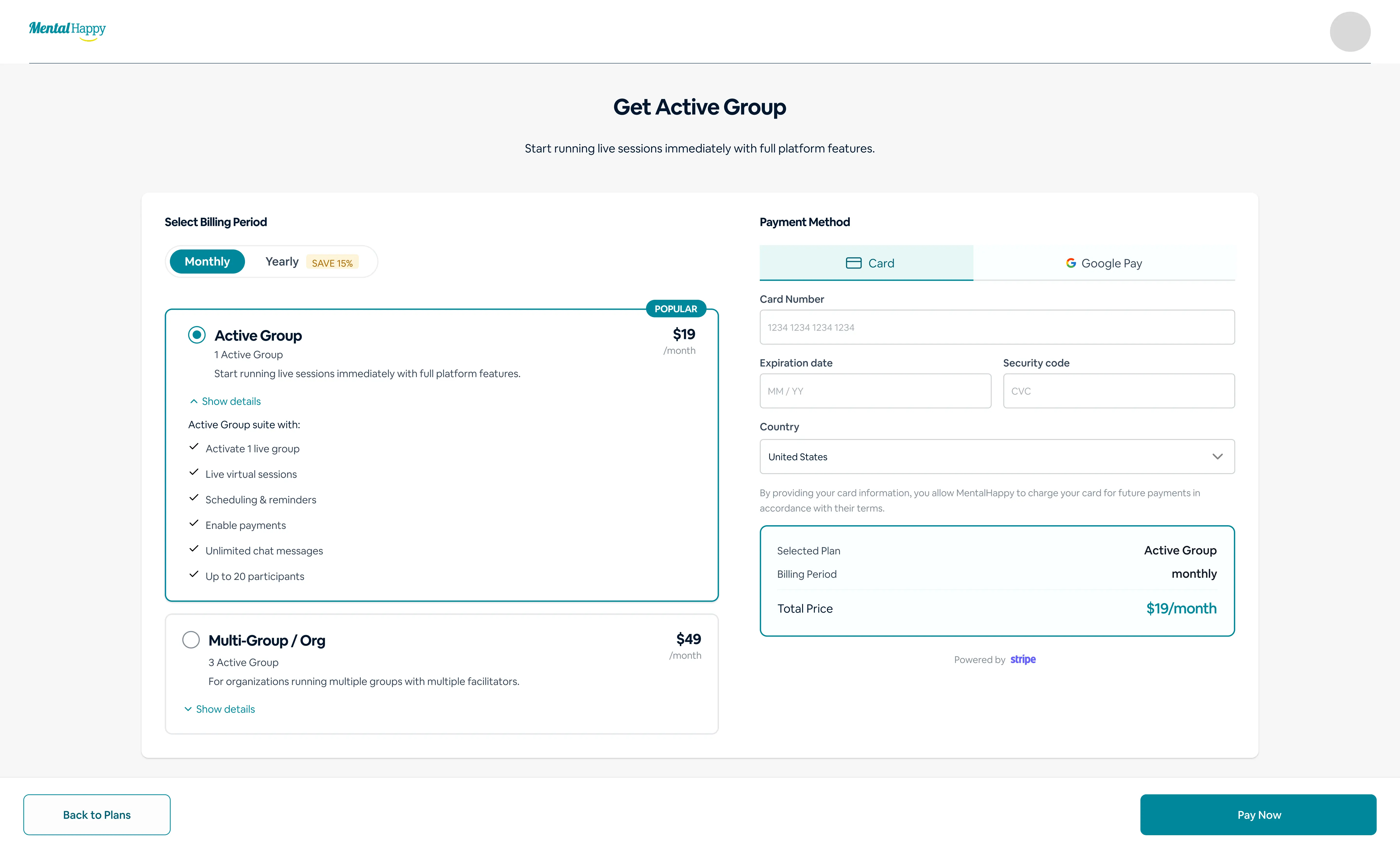 MentalHappy subscription checkout screen for completing payment to activate hosting plan