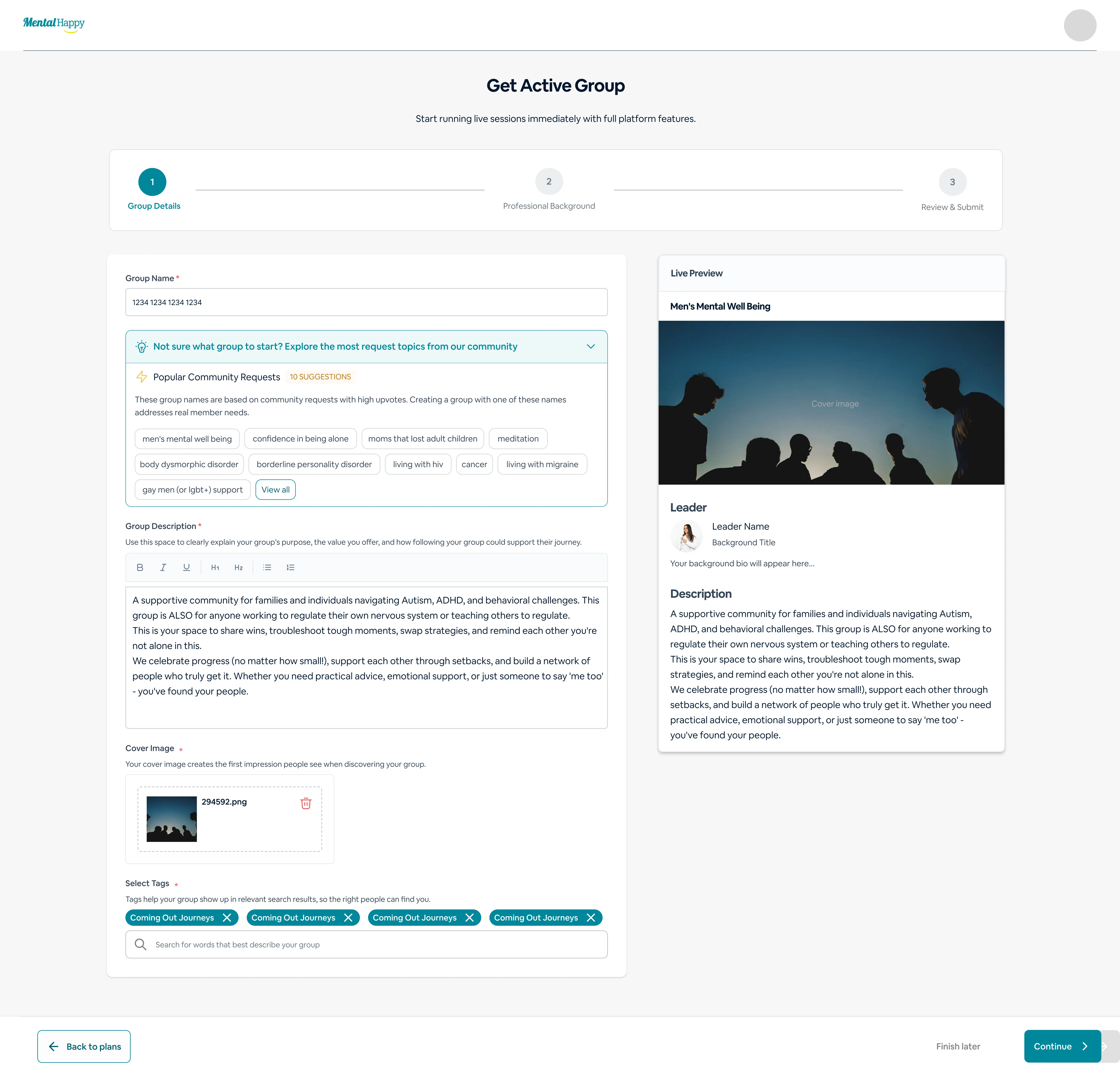 MentalHappy create group details form screen for filling in information about your support group including name, description, schedule, guidelines, tags, cover image, intro video, and host details