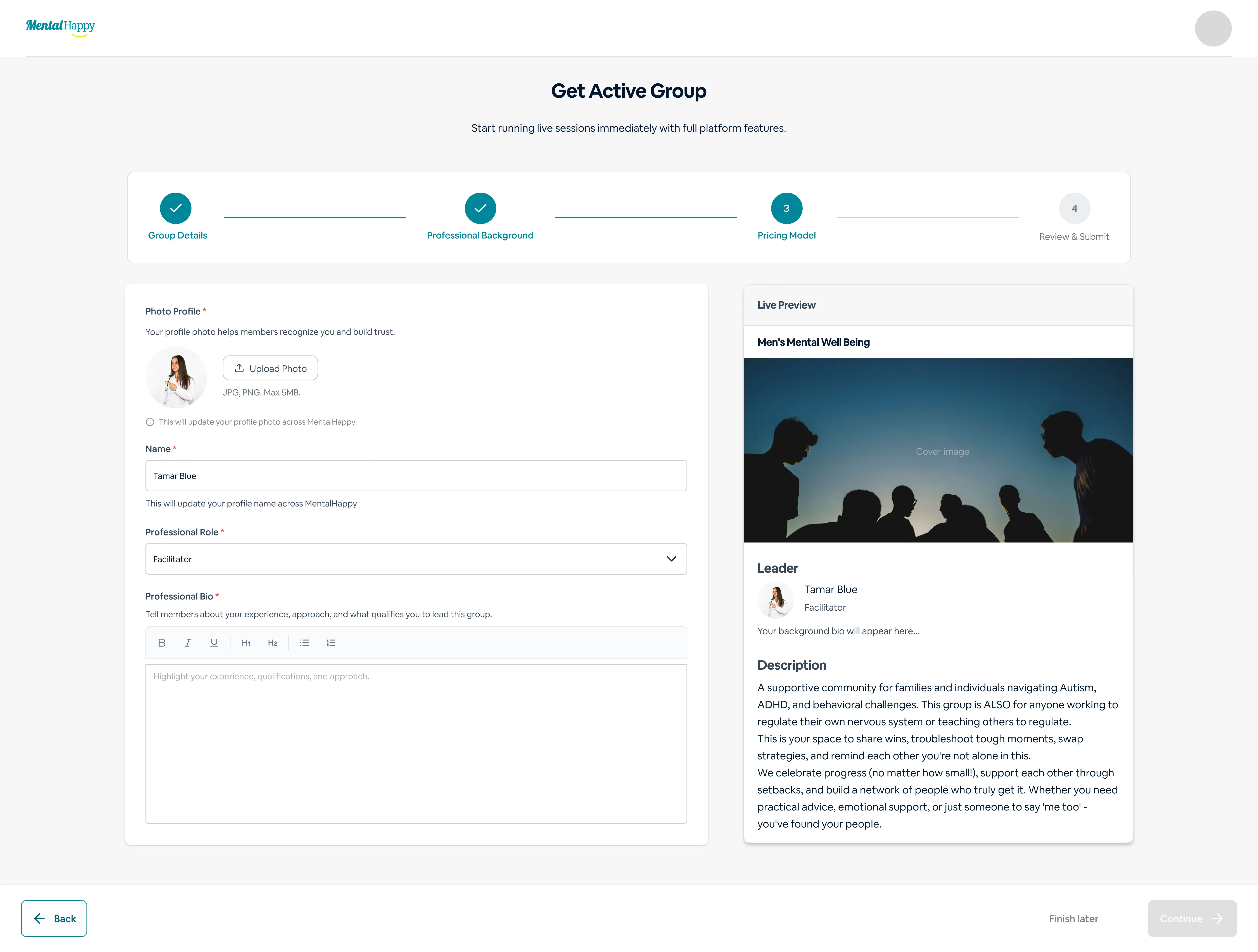 MentalHappy professional bio section on active group page for adding information about your background and experience as a support group leader