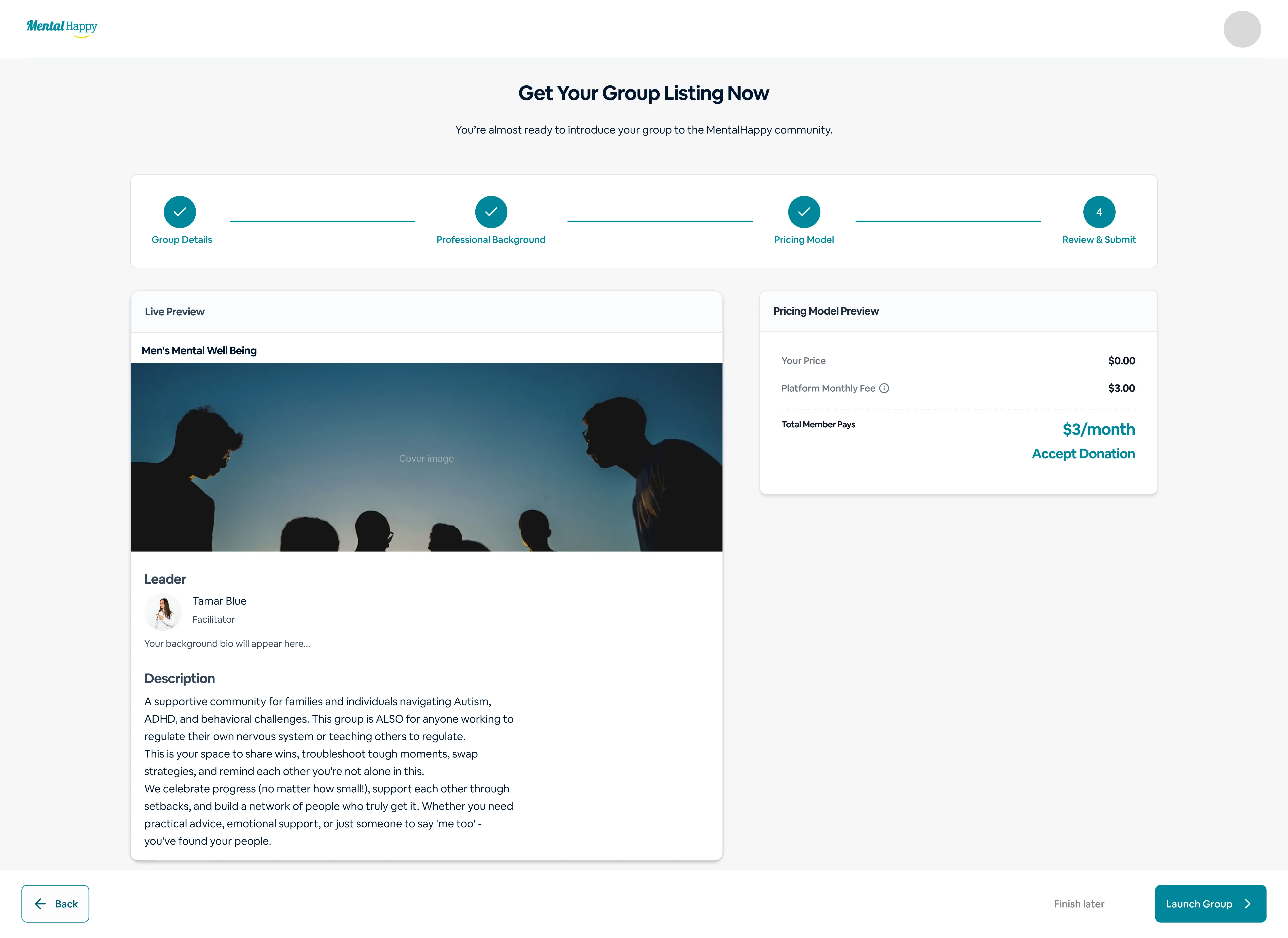 MentalHappy preview your group screen for reviewing all details of your support group before launching including name, description, schedule, guidelines, tags, cover image, intro video, host details, and pricing