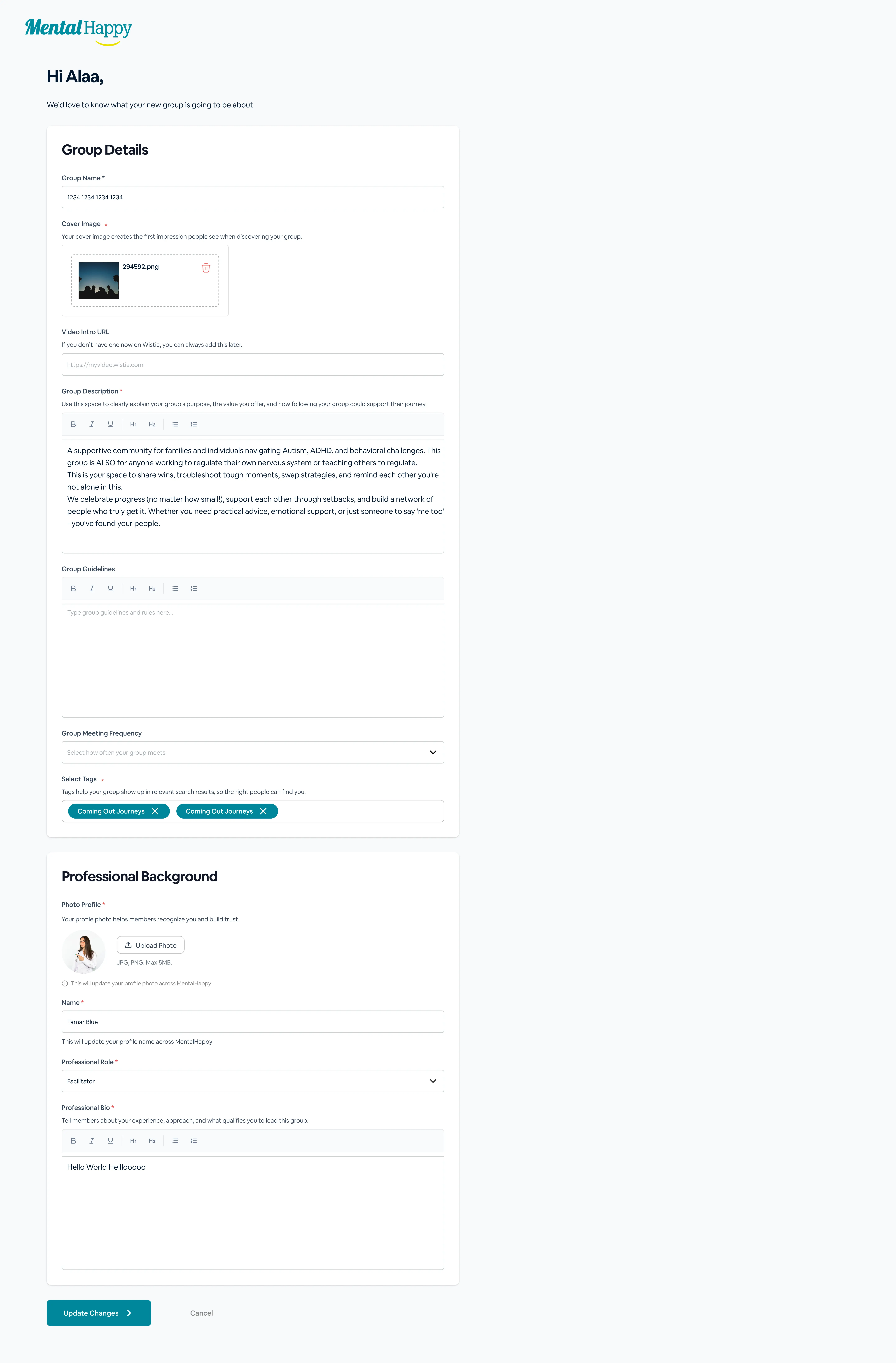 MentalHappy Edit Group Info form showing group details, cover image, description, community guidelines, and category tags in one editable view