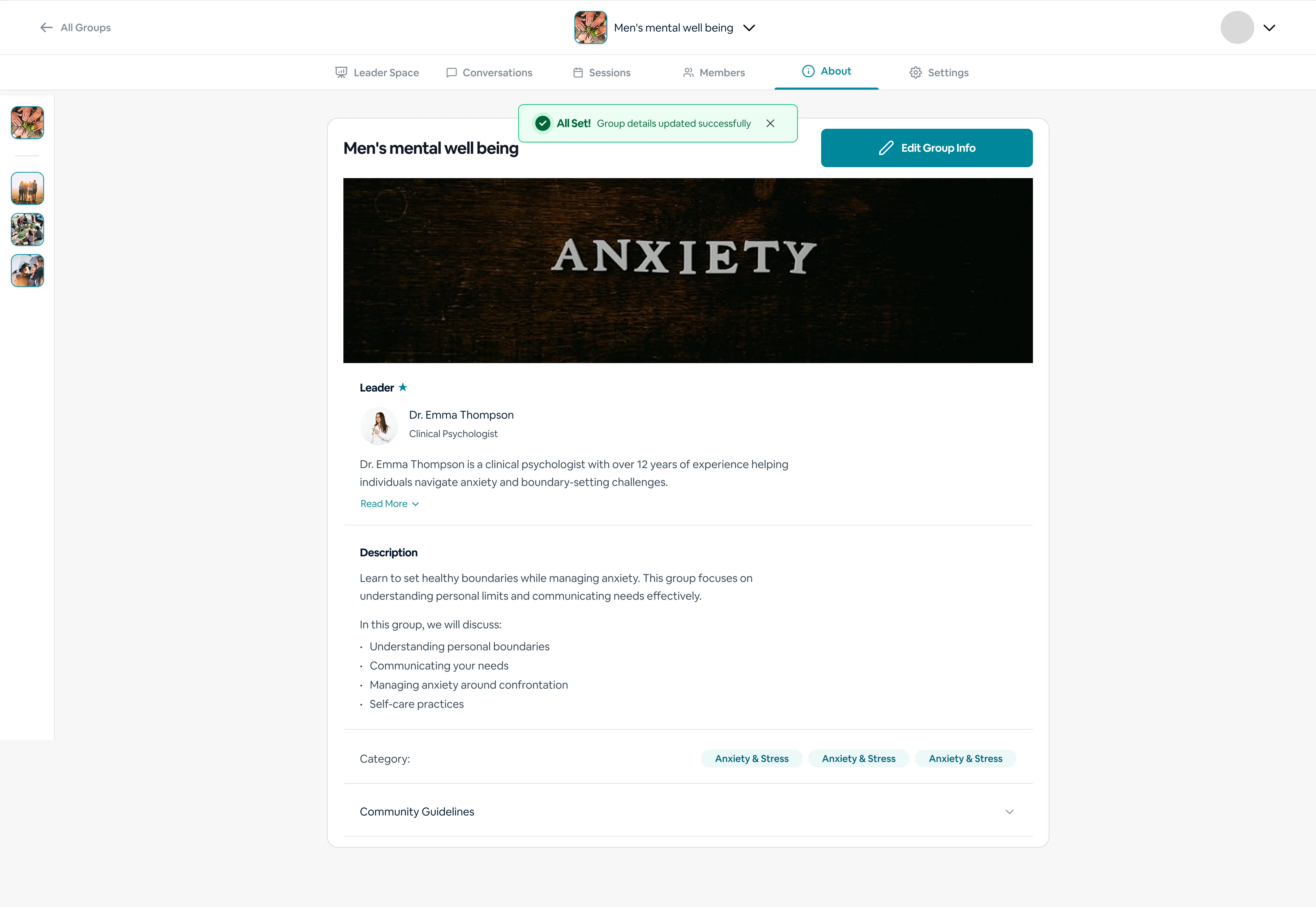 Confirmation message after saving group detail changes on MentalHappy