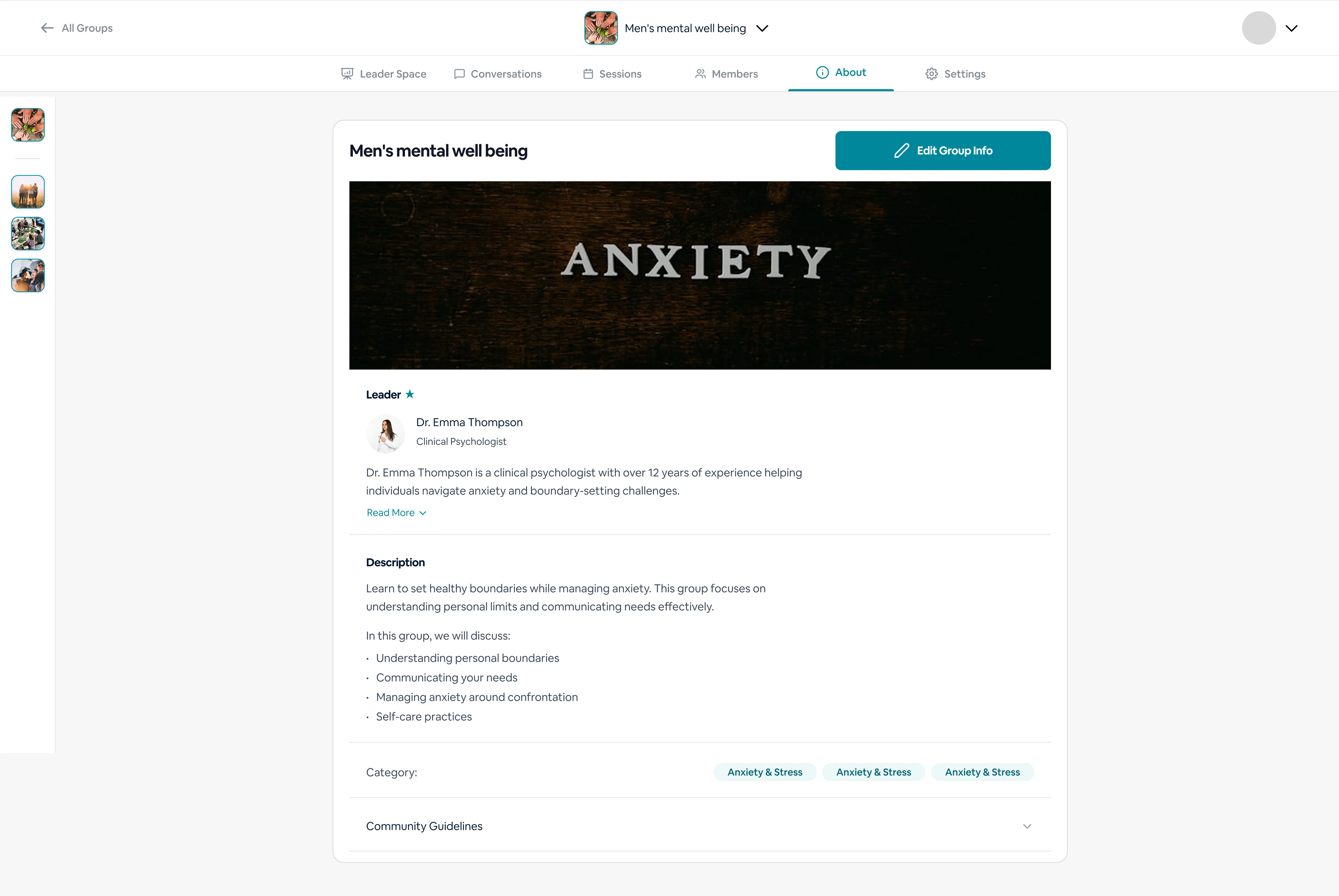 Group Leader viewing the About tab of their MentalHappy group with the Edit Group Info button visible
