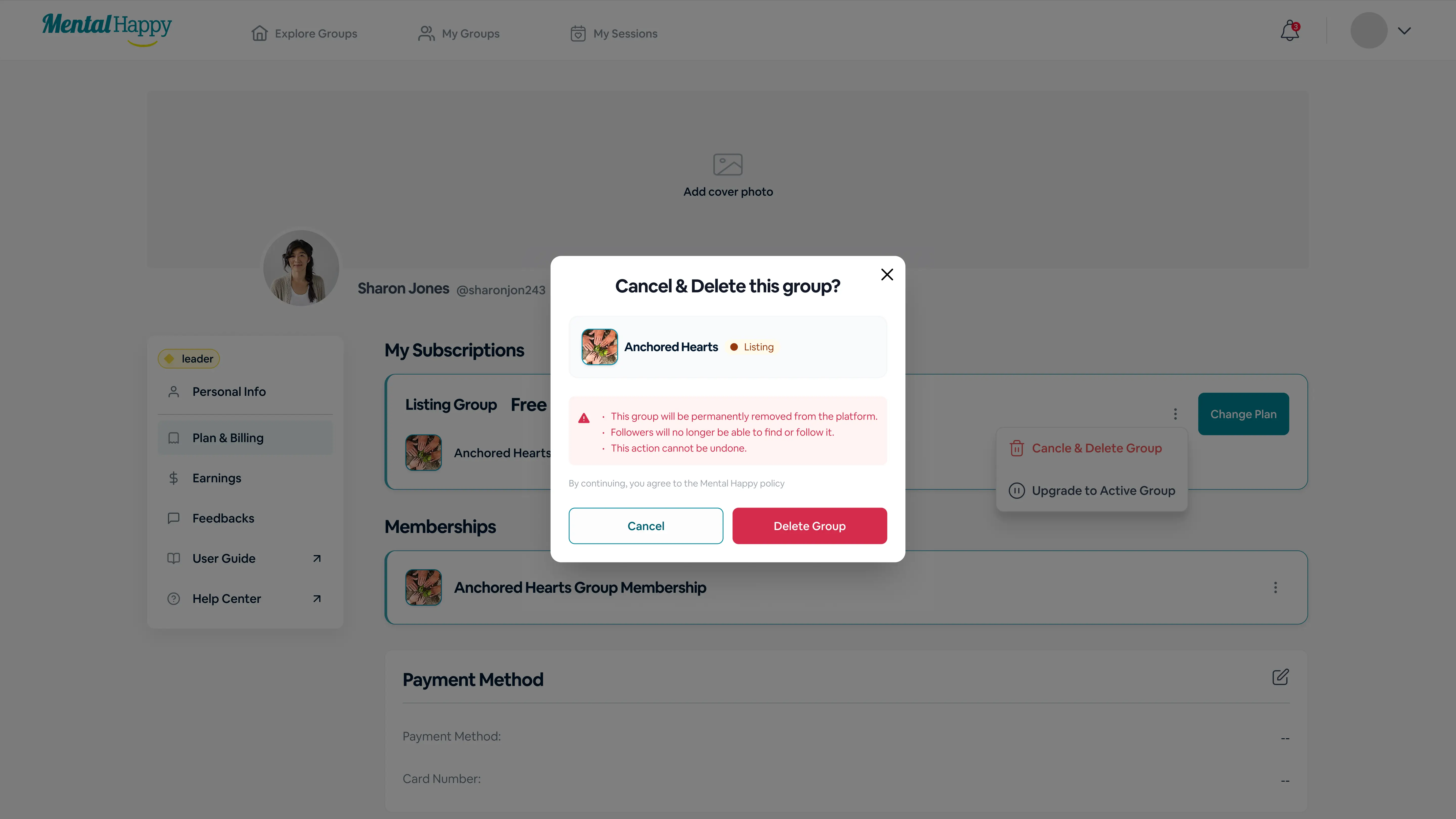 Listing group delete confirmation dialog on MentalHappy