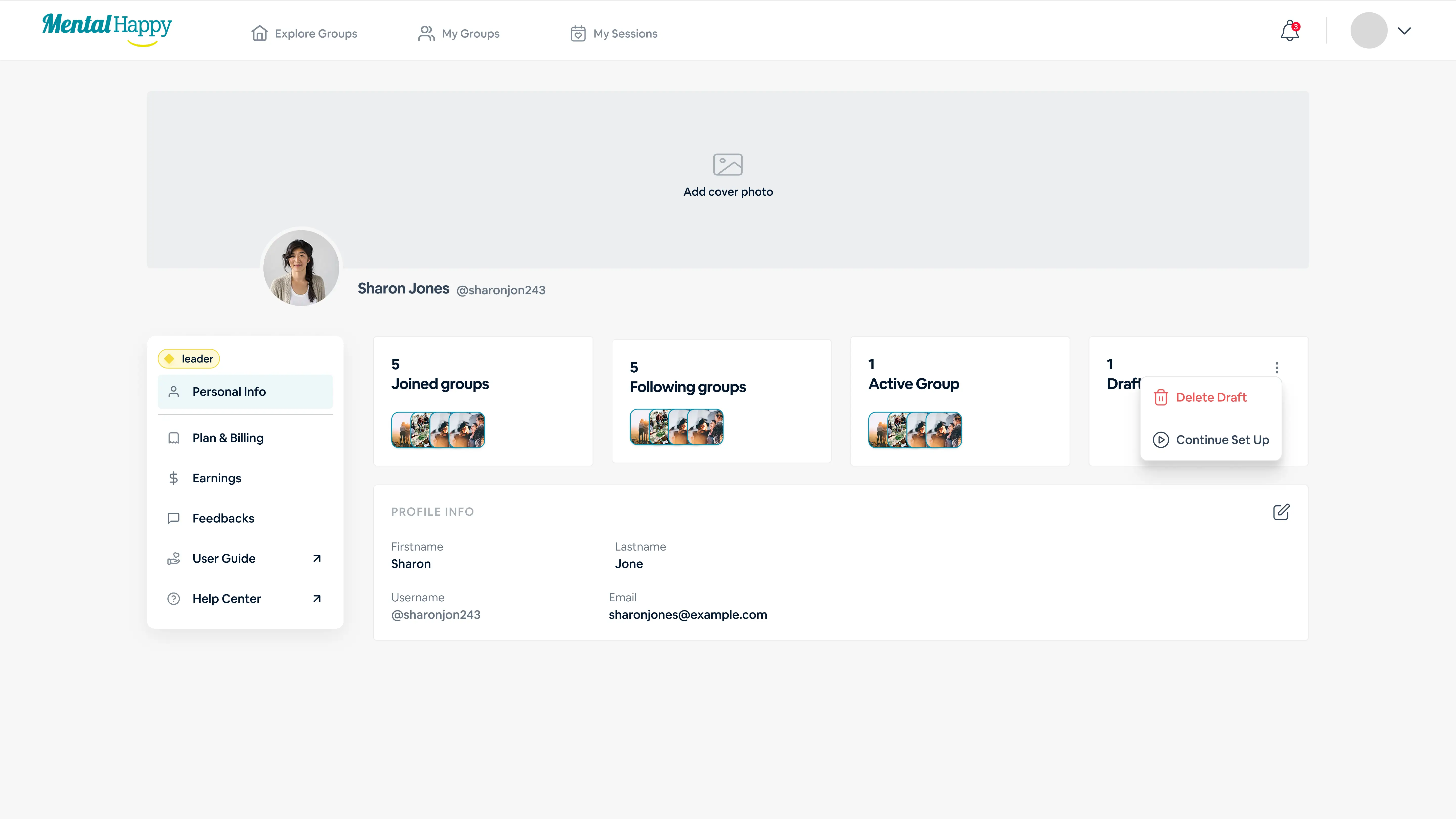 MentalHappy Plan and Billing page showing the list of Active Groups
