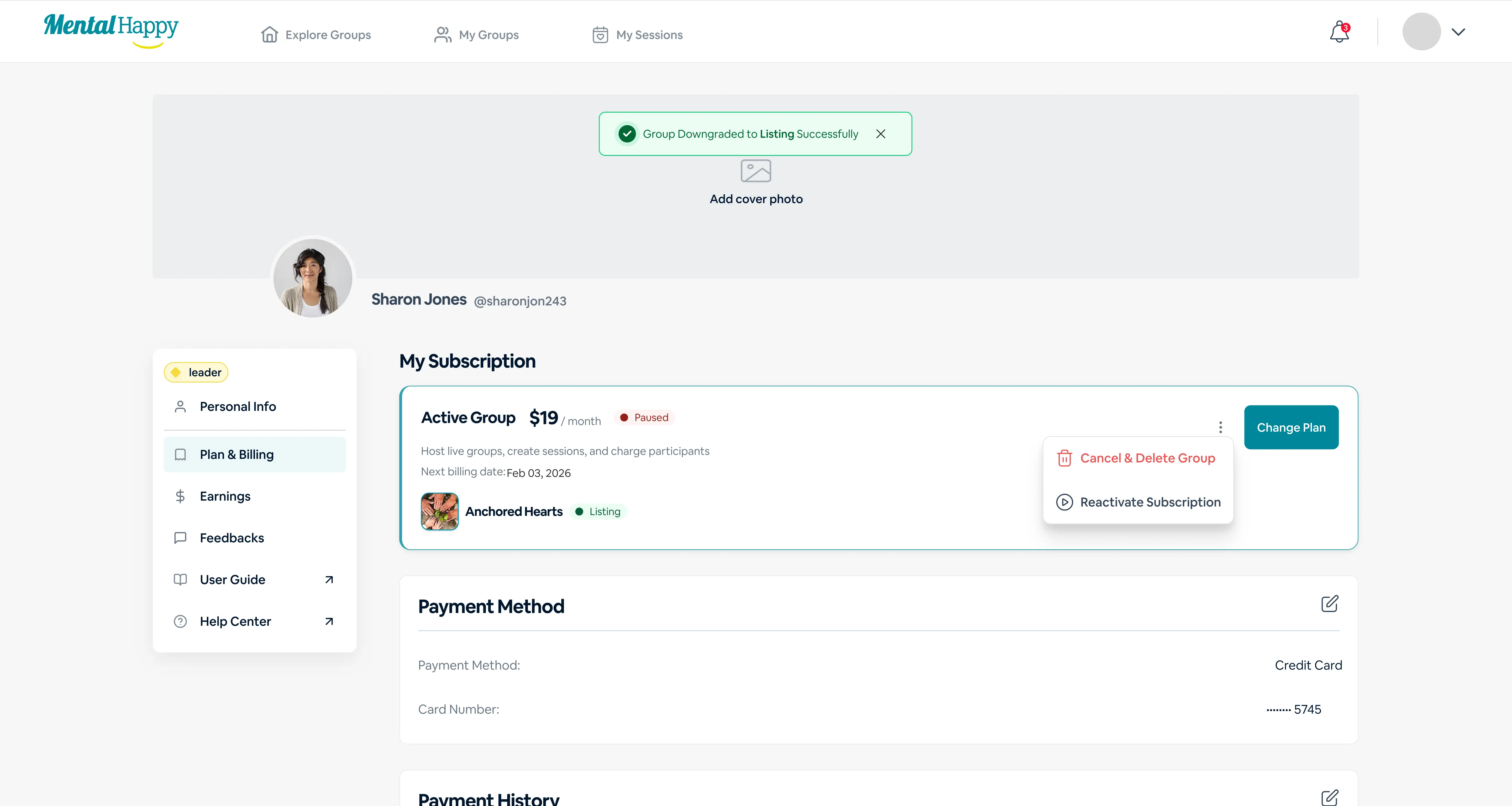 Confirmation that a group was downgraded to Listing on MentalHappy