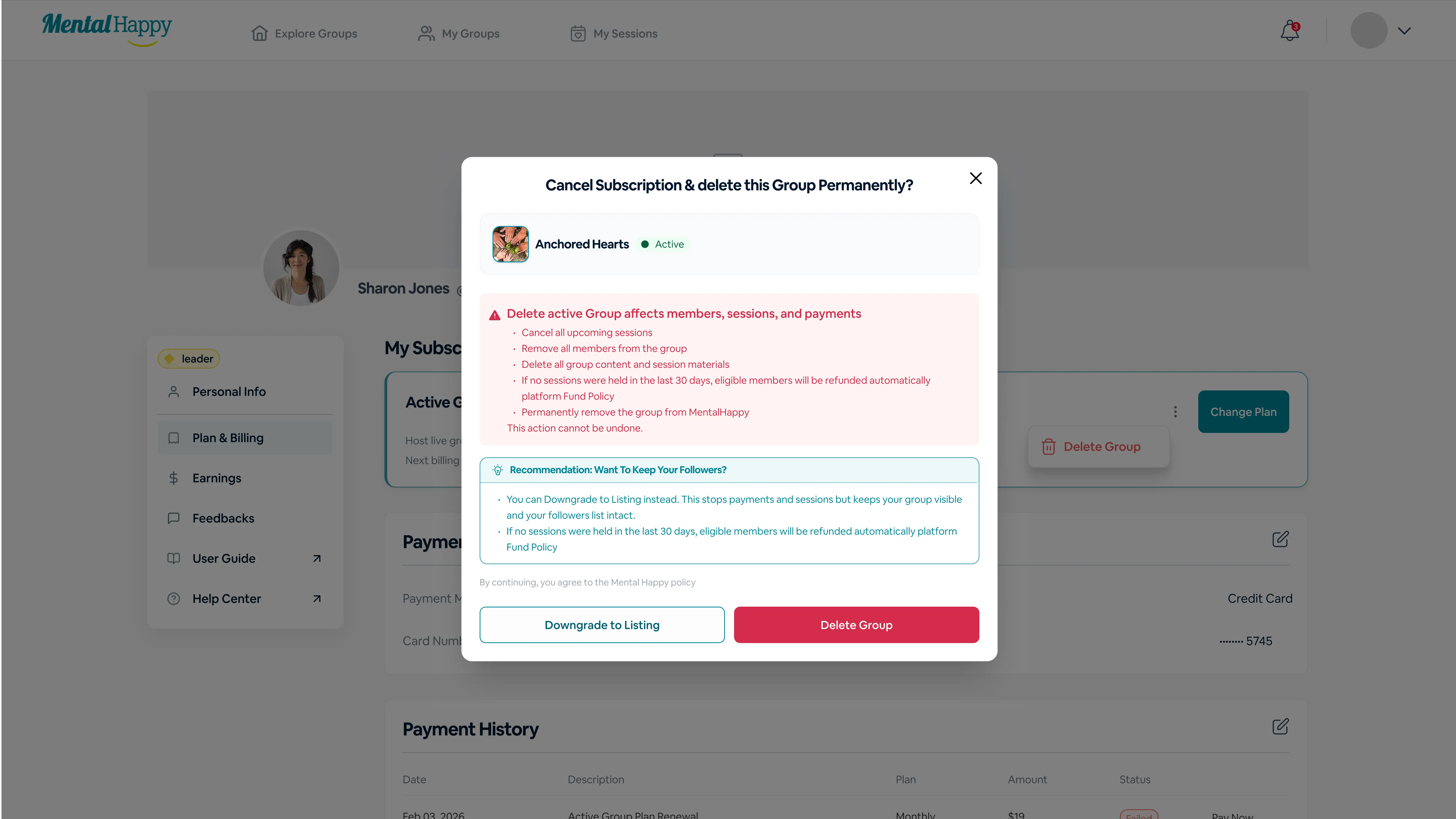 Delete group confirmation modal listing the impact on sessions, members, data, and payments on MentalHappy