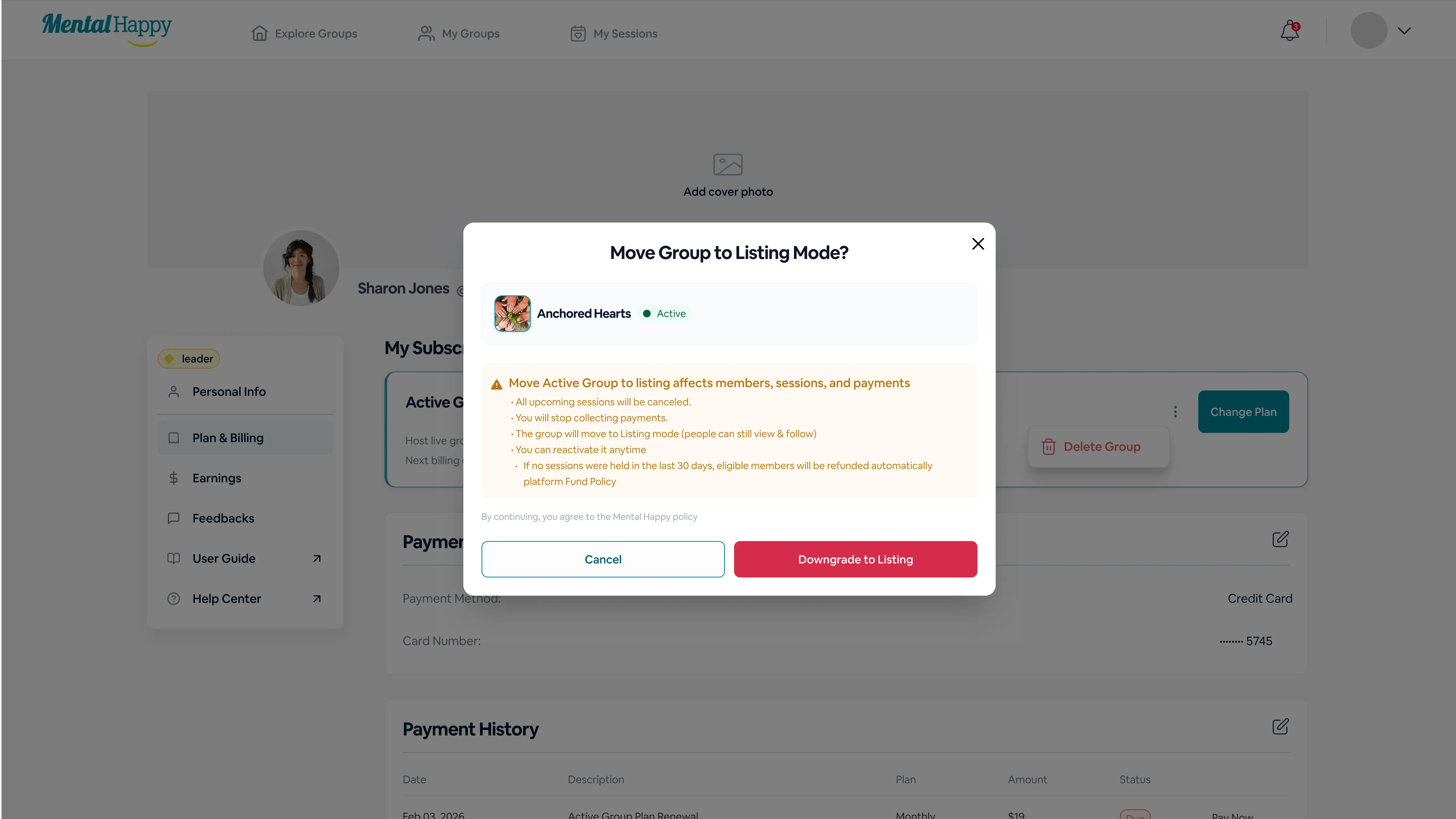 Downgrade to Listing confirmation modal explaining sessions and payments will stop on MentalHappy