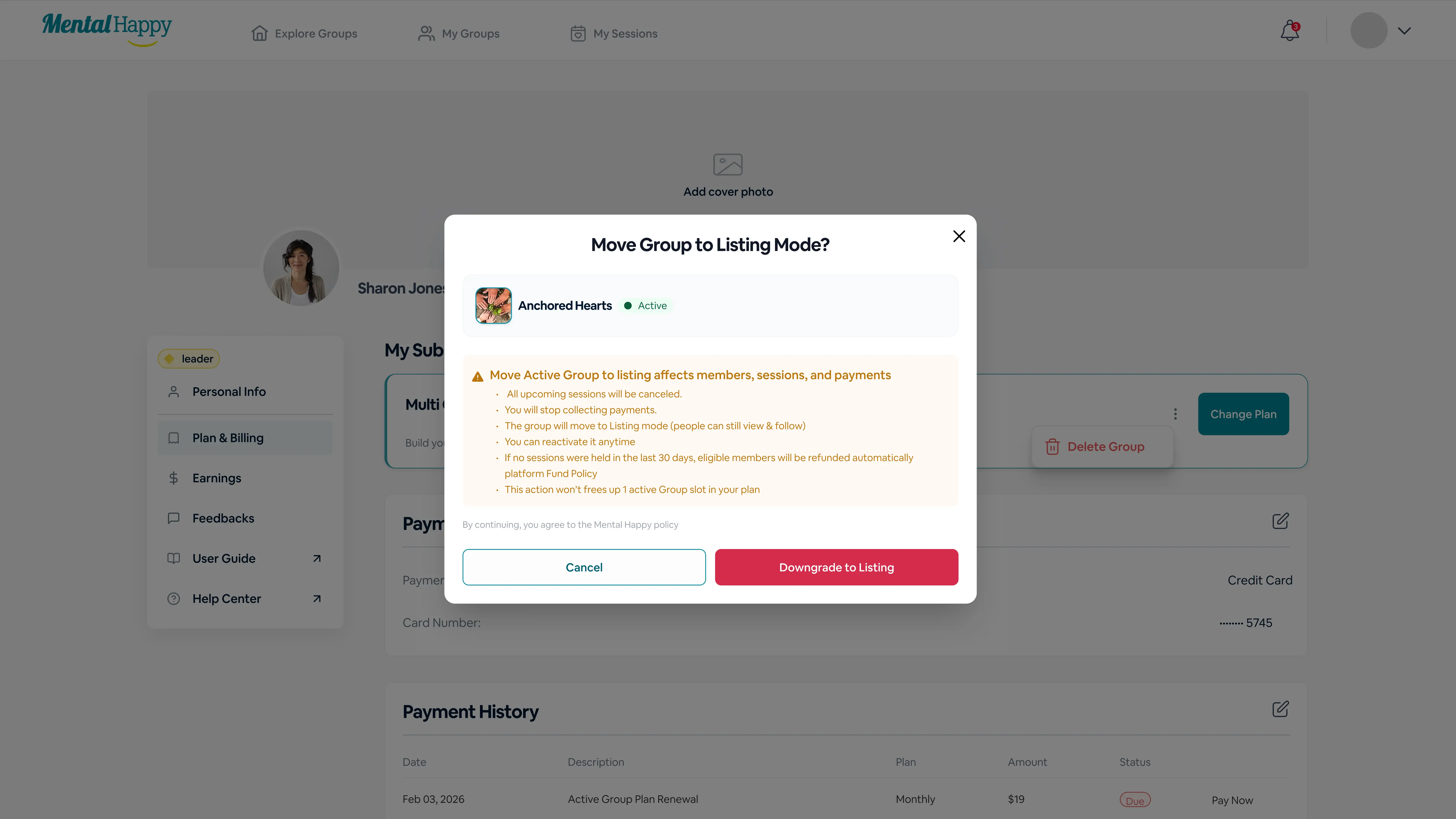 MentalHappy plan downgrade selection screen