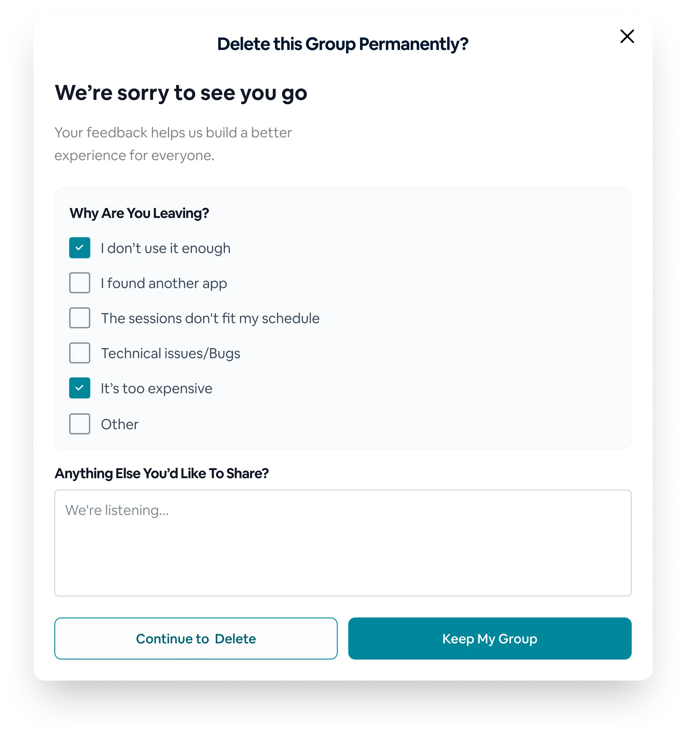 Feedback prompt asking why you are deleting your group on MentalHappy