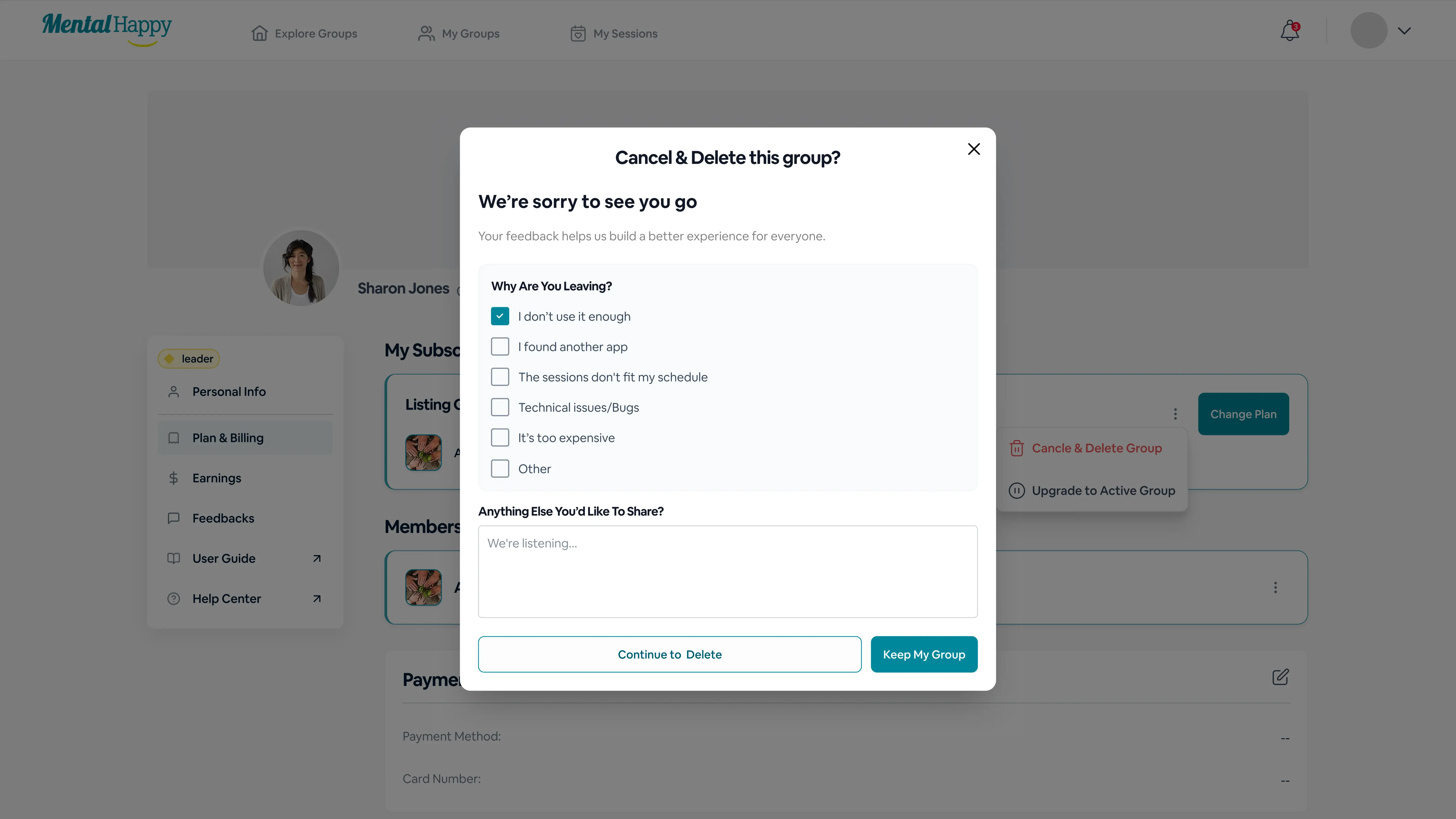 Feedback prompt asking why you are deleting your Listing group on MentalHappy
