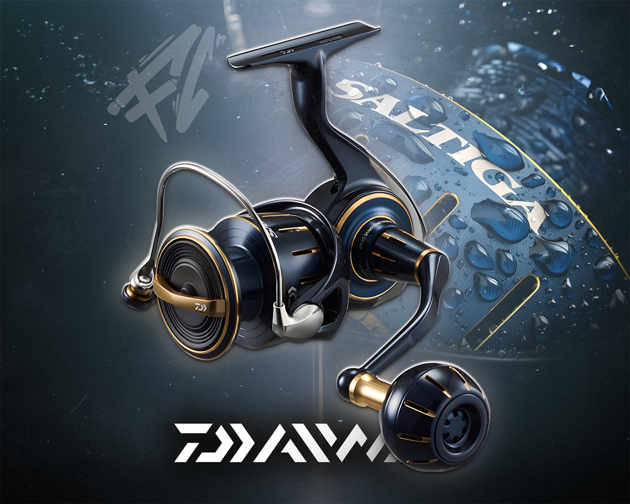 Werbegrafik einer Angelrolle von Daiwa mit Wassertropfen und Goldeffekten für Fish Candy