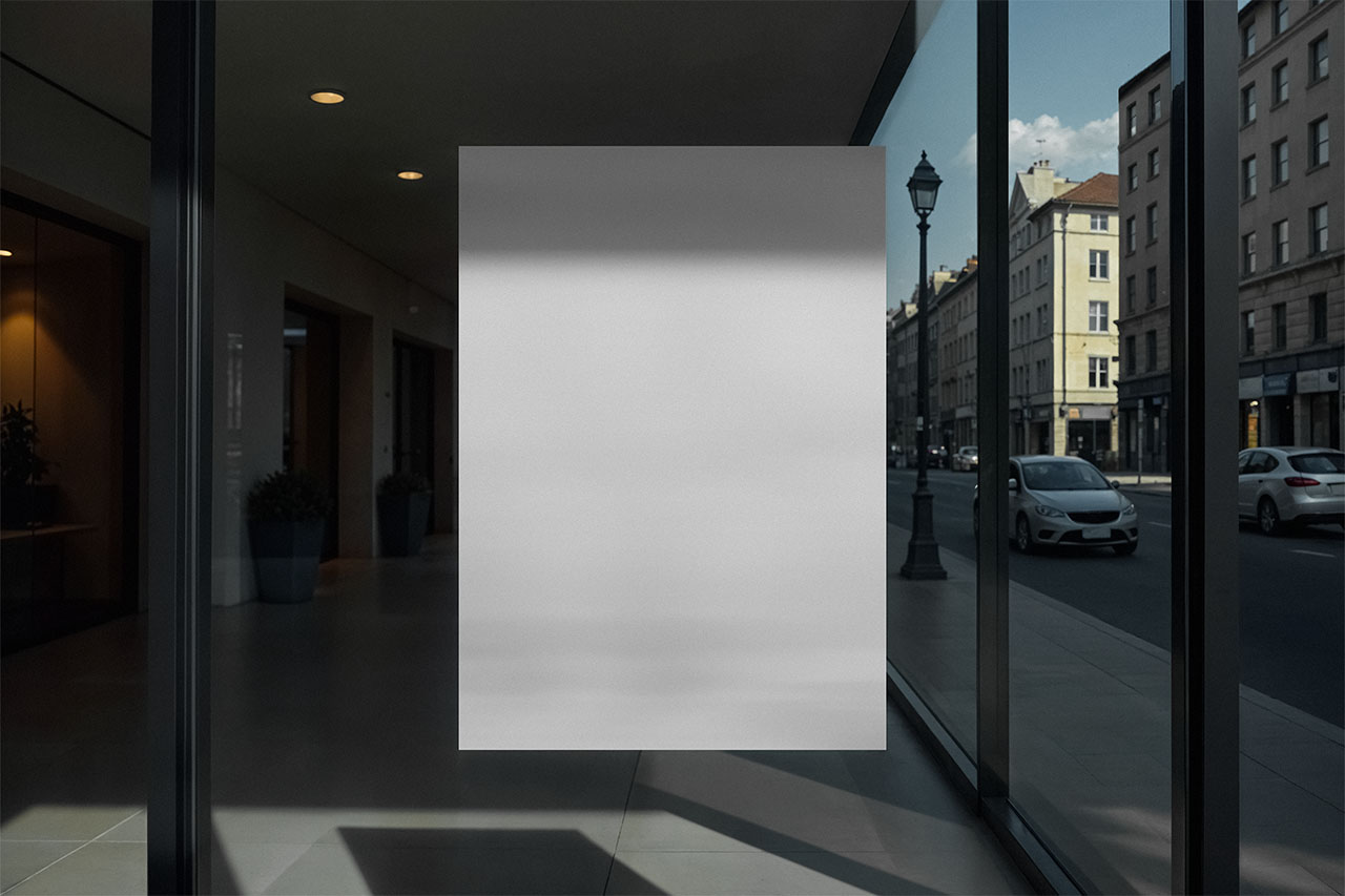 Poster-Mockup blank an der Glasfront eines Geschäfts in einer Innenstadt