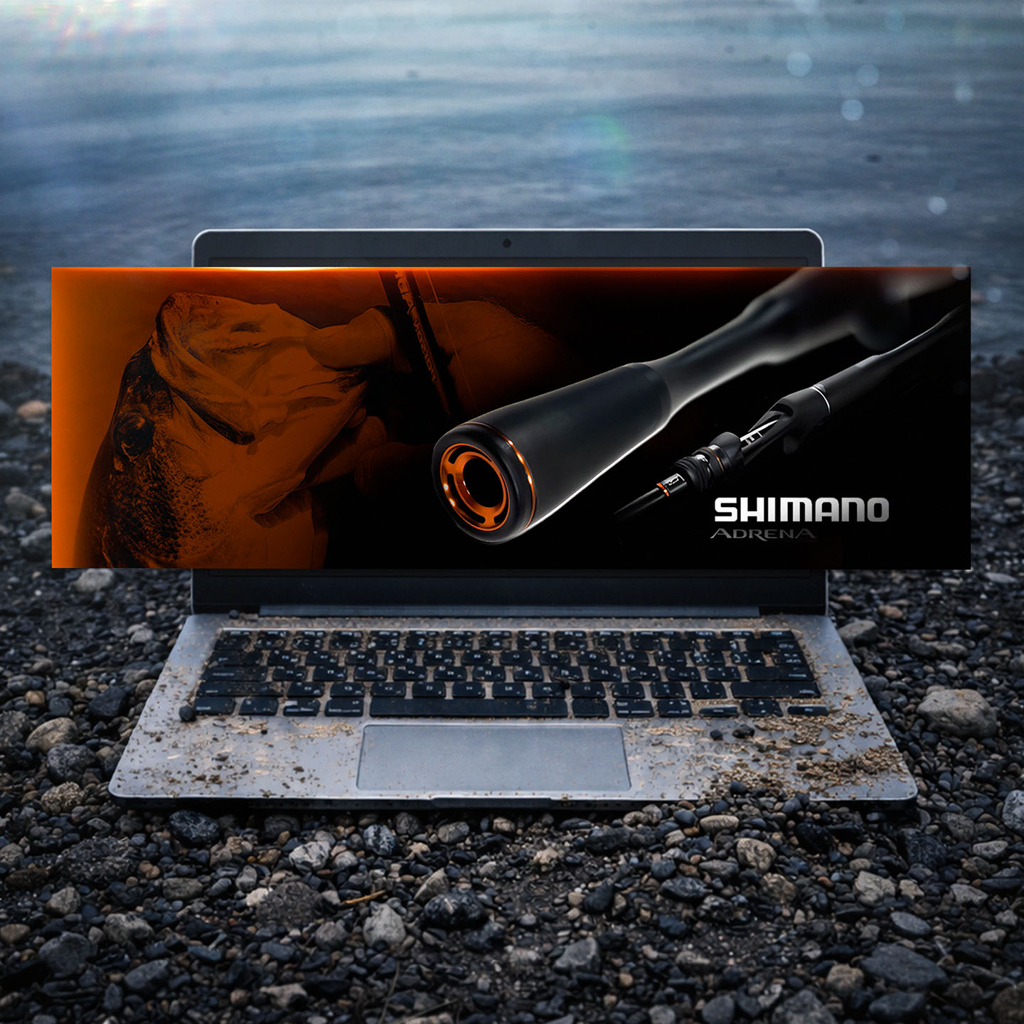opened, muddied laptop sitting on a gravel beach shore, web hero slider Shimano graphic design projected atop. project for Fish Candy by Lisa Gawenda