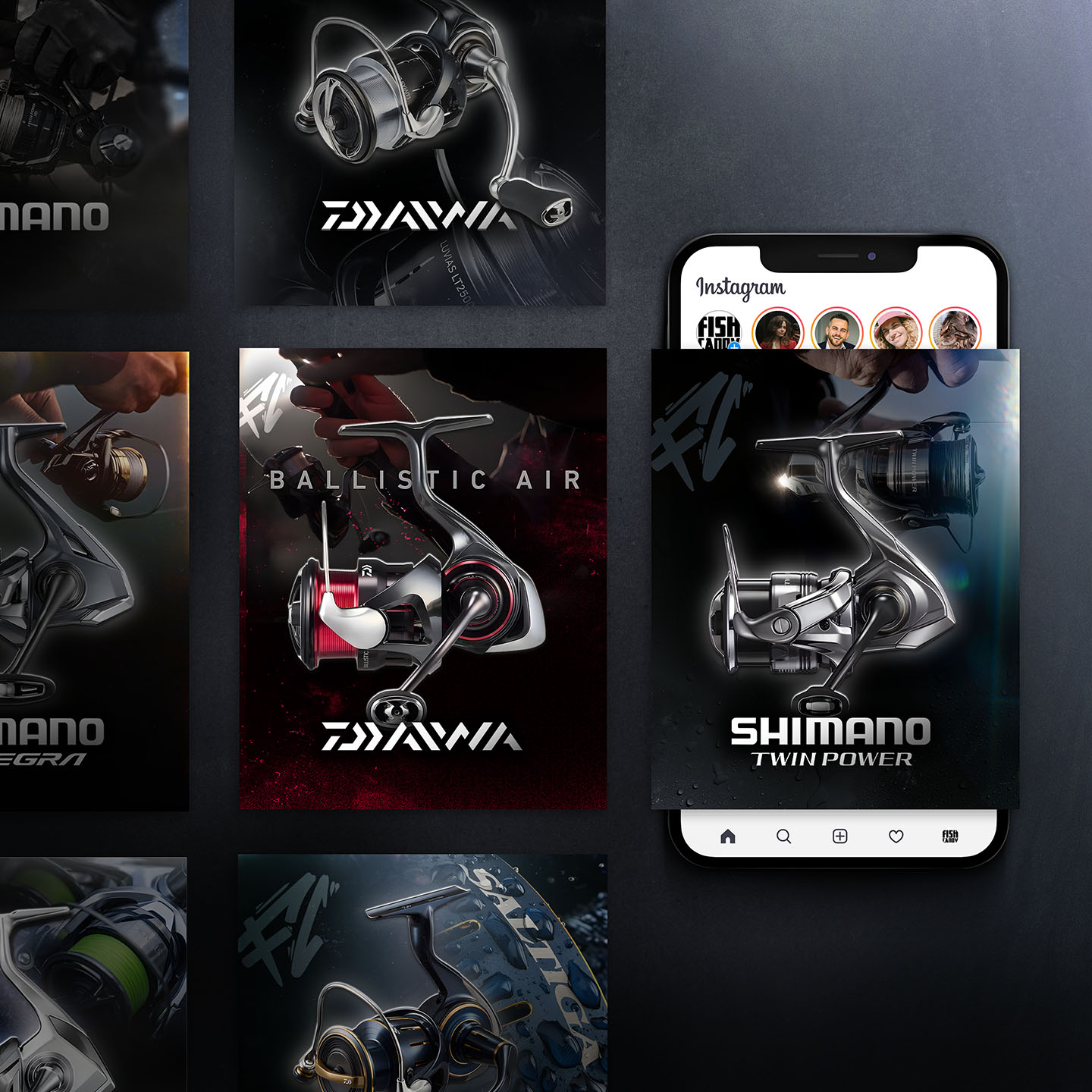 Plentiful instagram postings product advertisement graphic designs assembled next to a smartphone. Projects for Fish Candy by Lisa Gawenda