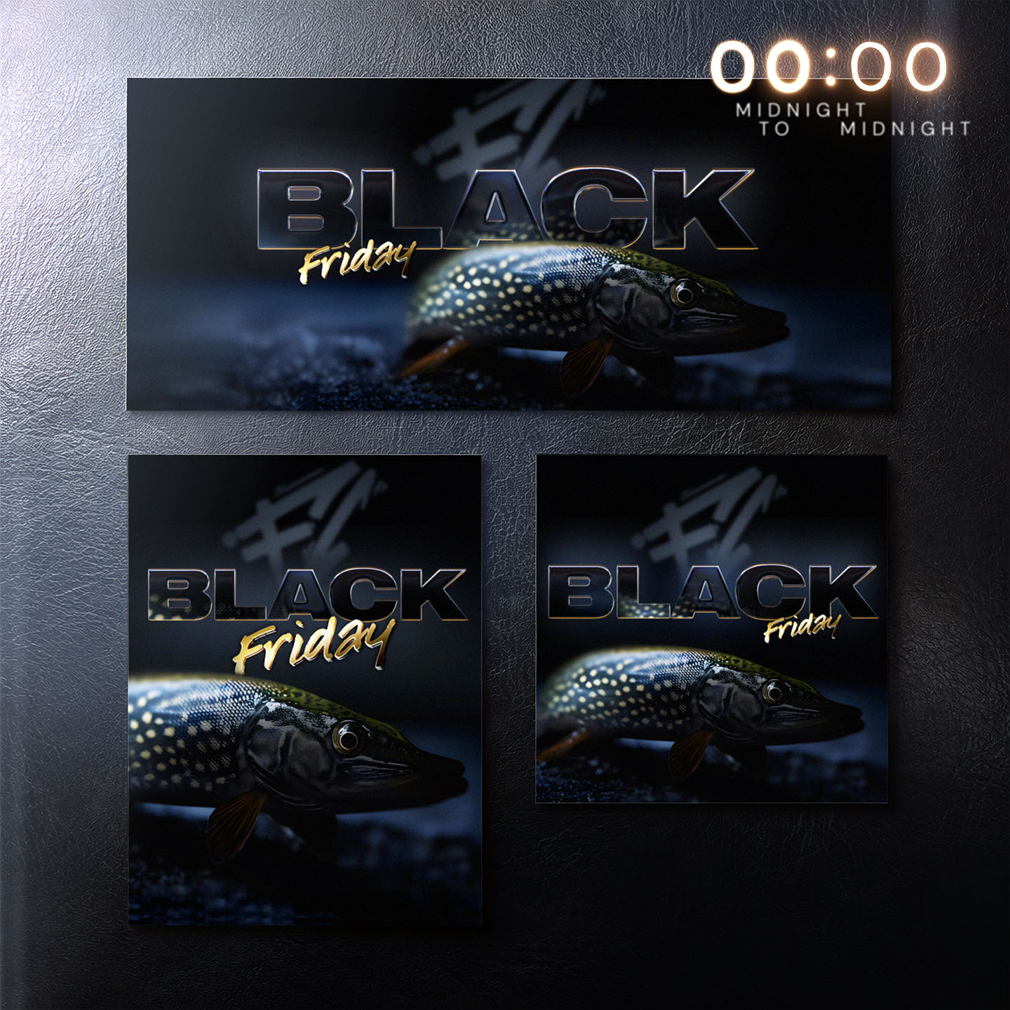 Content variations of special event advertisement for Black Friday, graphic designs assembled. Fishing imagery and commercial typography. Project for Fish Candy by Lisa Gawenda