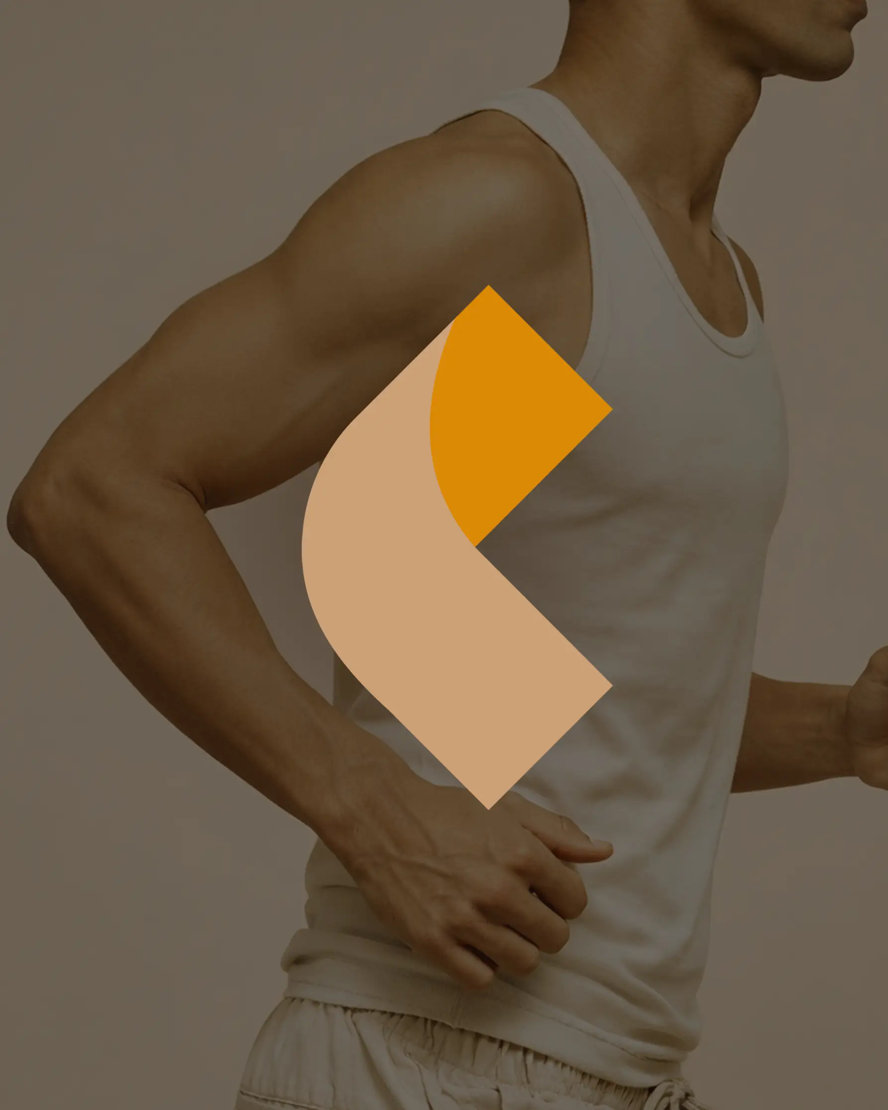 Side view of a man in a white tank top and shorts jogging, with a stylized orange and beige logo overlay.