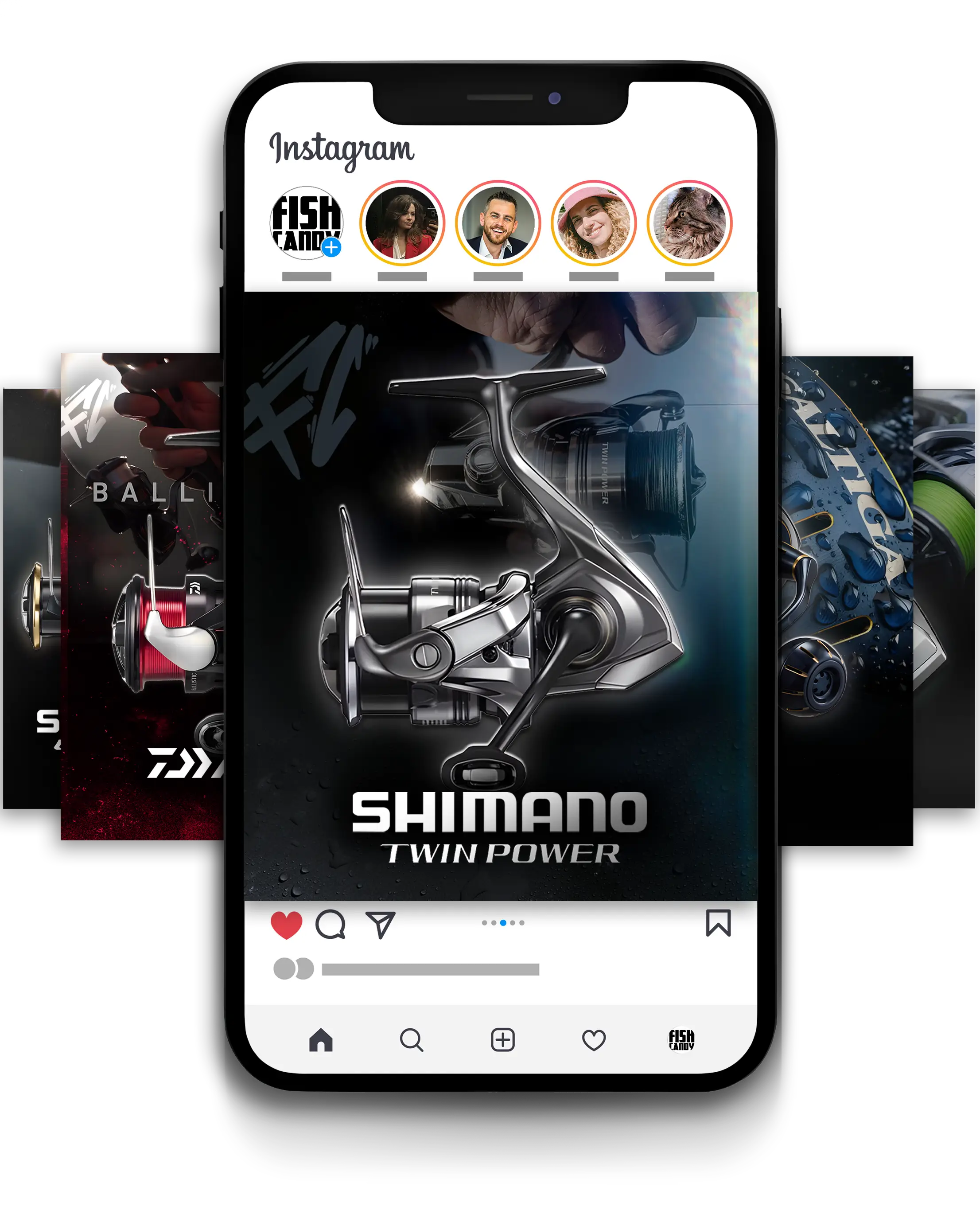 Instagram carousel post for FishCandy Brand on a smartphone displaying close-up images of Shimano fishing reels, highlighting the Shimano Twin Power model.