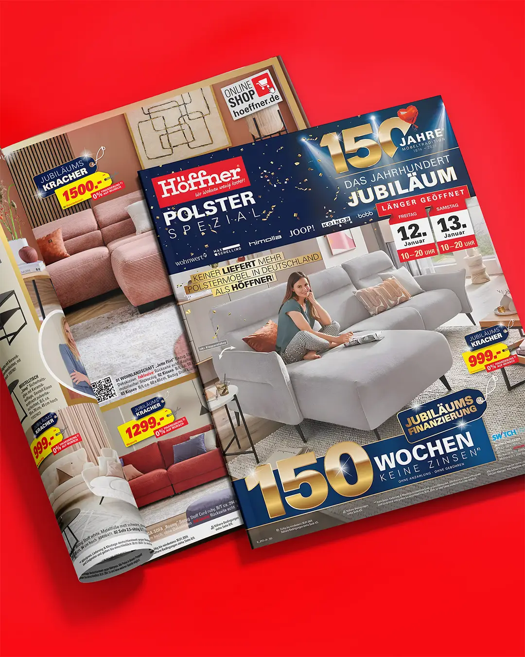 Open magazine spread showing furniture advertisements including a light gray sectional sofa with a woman sitting on it, highlighting a 150-year jubilee sale with special pricing and financing offers.