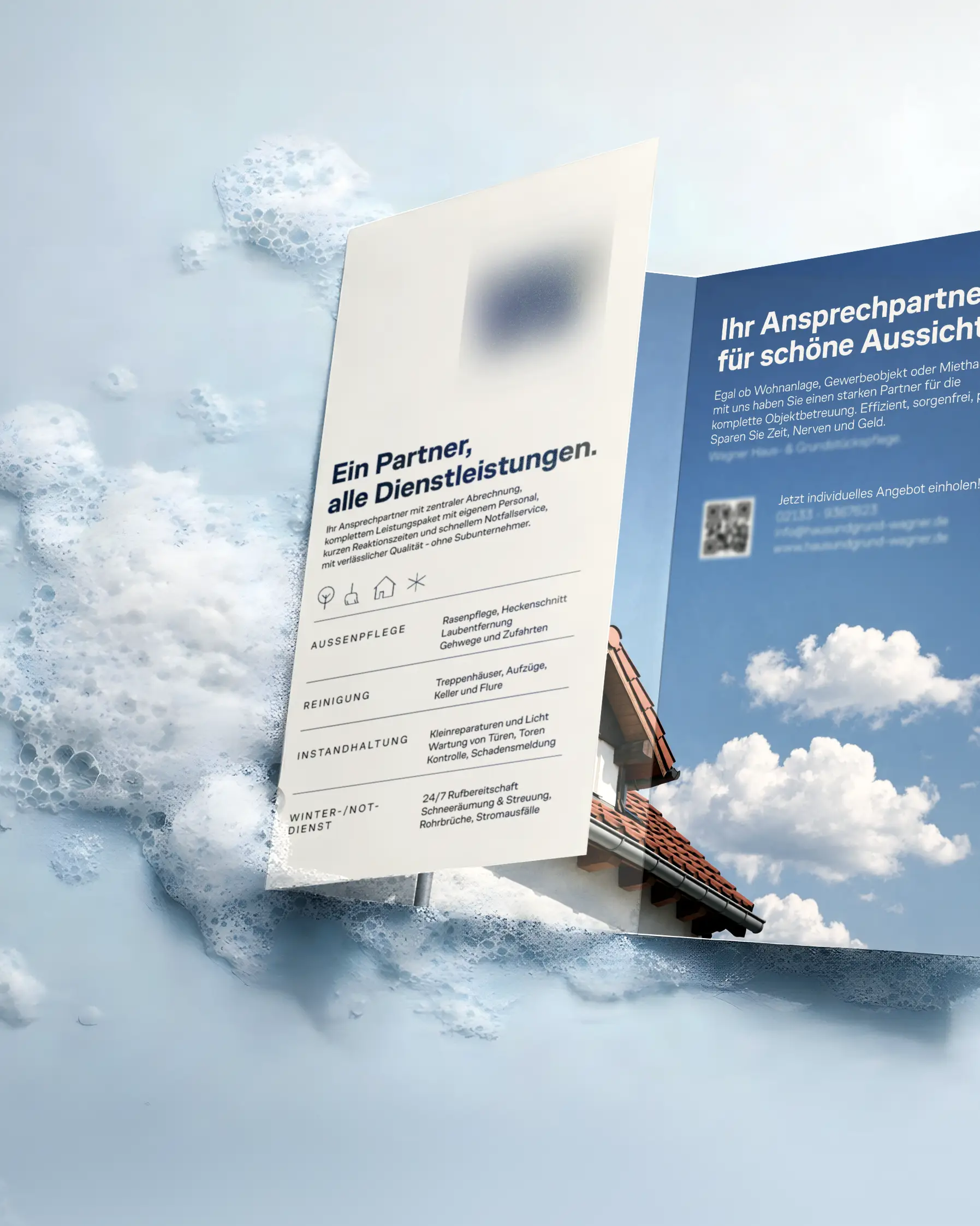 Open brochure showing property maintenance services with a background of foam and sky with clouds.