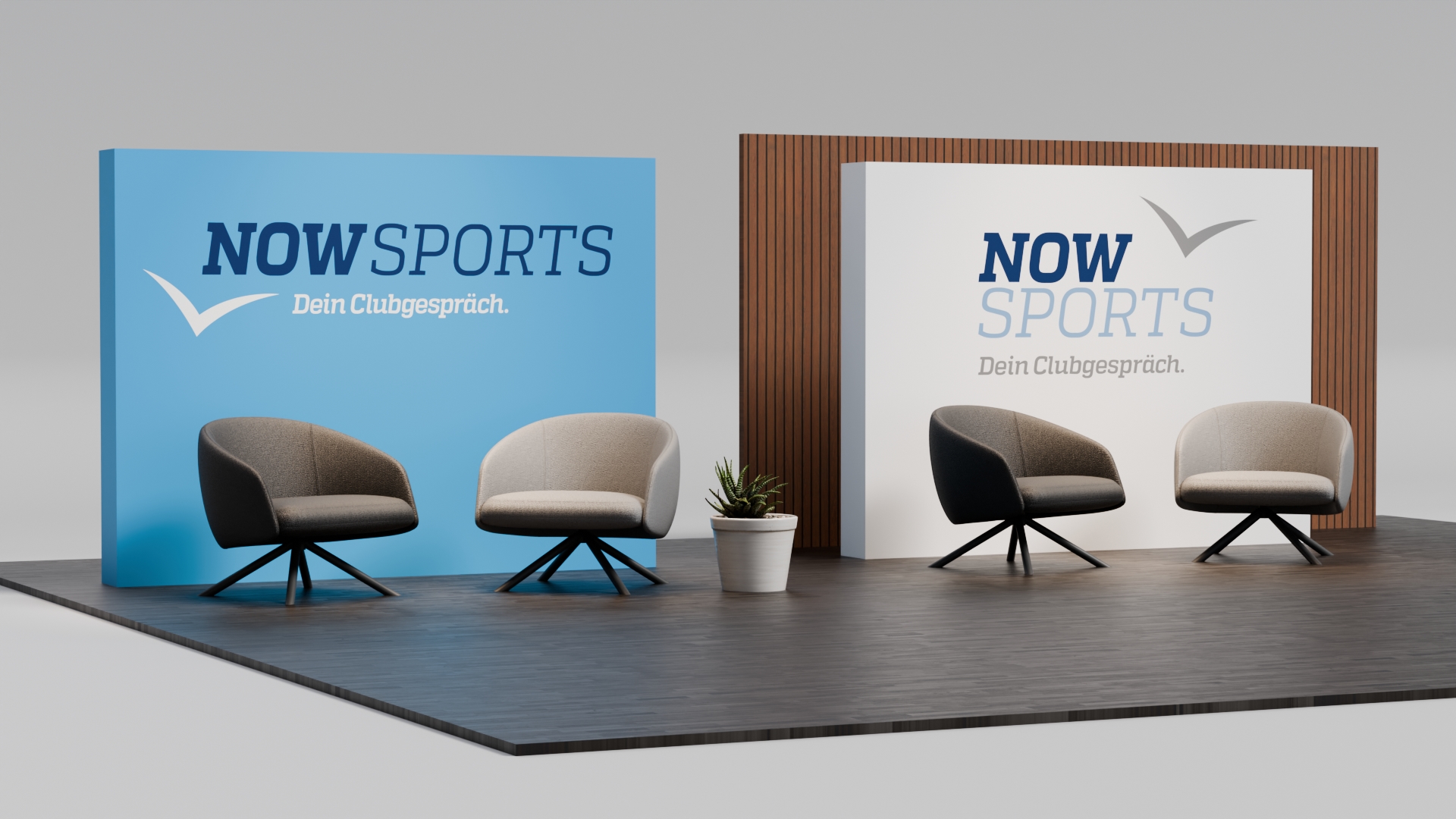 3D render preview showing a modern lounge setup with two sets of gray and beige chairs positioned in front of two branded backdrops featuring the text NOW SPORTS Dein Clubgespräch