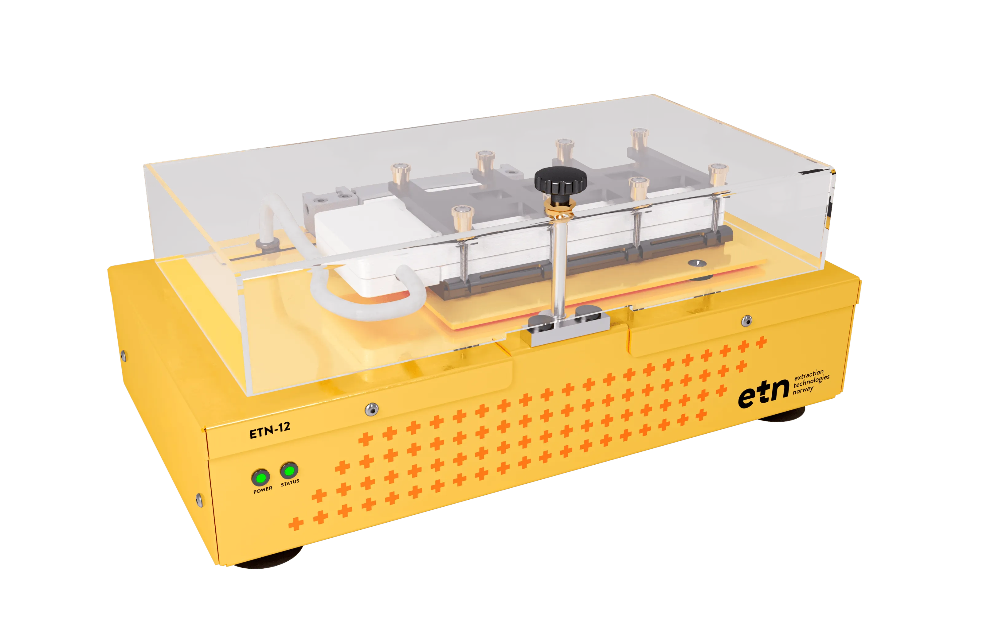 Yellow ETN-12 machine with clear cover, labeled as world’s first EME instrument, featuring green sample prep technology and pure extracts for reduced MS downtime.