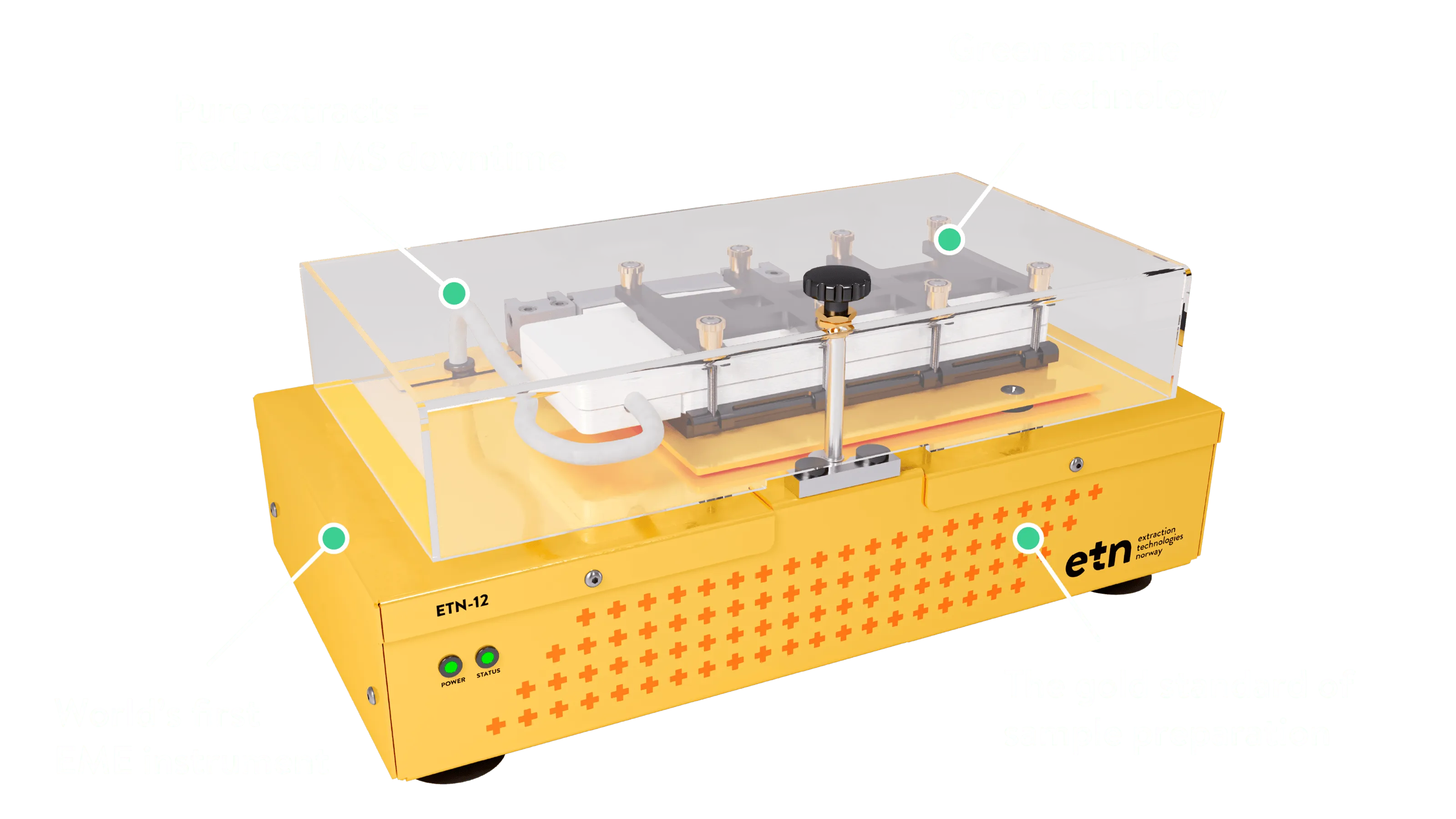 Yellow ETN-12 machine with clear cover, labeled as world’s first EME instrument, featuring green sample prep technology and pure extracts for reduced MS downtime.