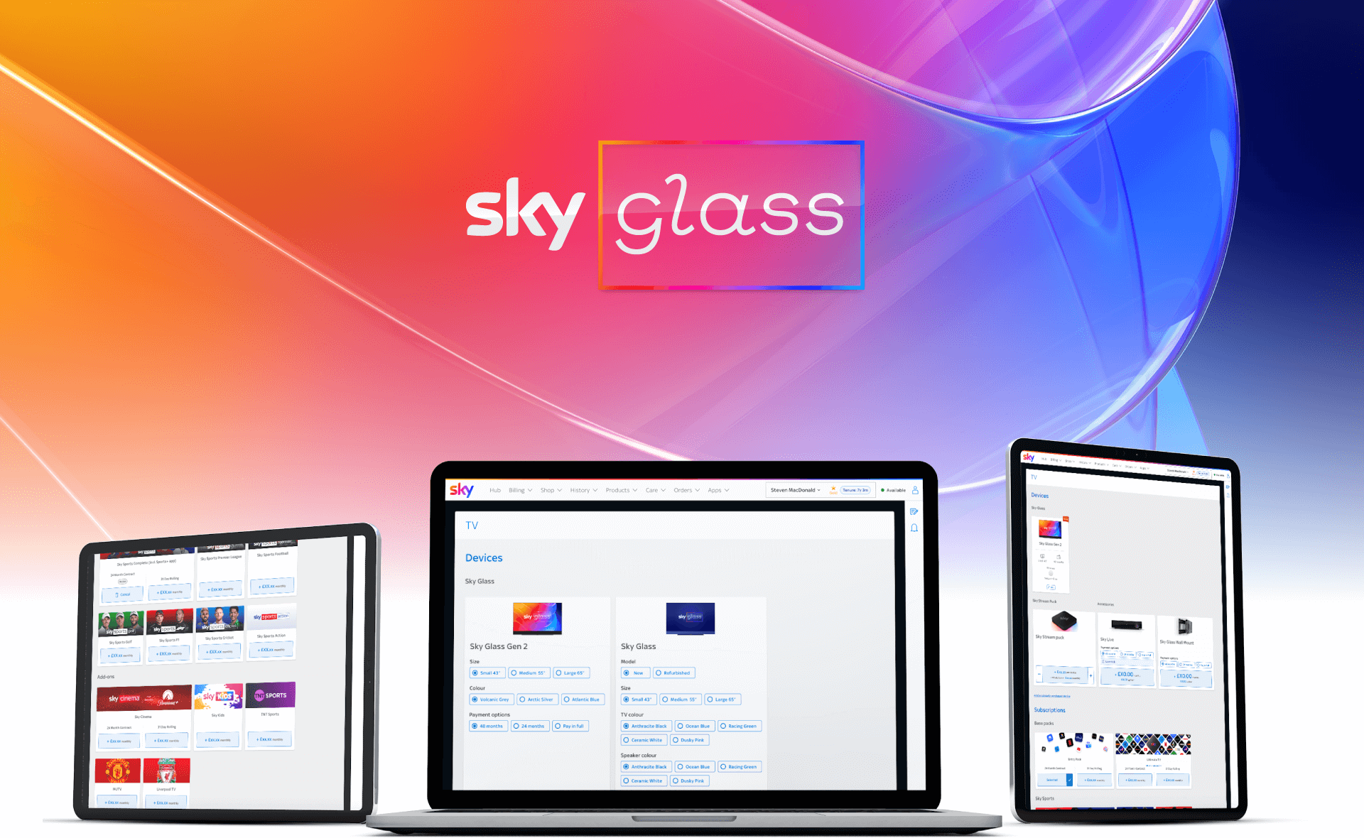 Sky Glass promotional image showing the streaming service interface displayed across three devices - a tablet, laptop, and another tablet - with the Sky Glass logo prominently featured at the top. The devices showcase various content screens including TV shows, sports content with Manchester United branding, device management pages displaying Sky Glass Gen2 and Sky Glass products, and shopping interfaces. The background features a vibrant gradient blend of orange, pink, purple, and blue colors with flowing curved light elements creating a modern, dynamic aesthetic