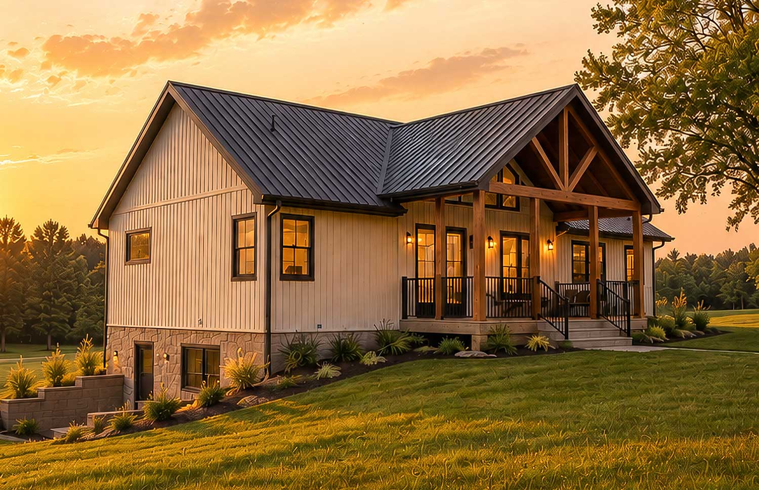 Modern farmhouse-inspired exterior featuring a dramatic timber entry, expansive covered porch, and clean architectural lines that blend rustic warmth with contemporary design.