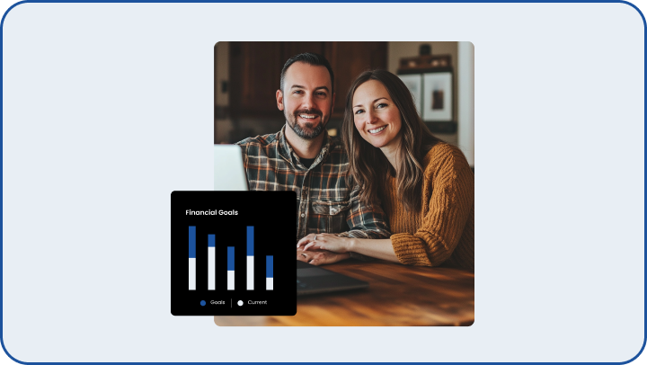 man and woman sitting at table with bar chart