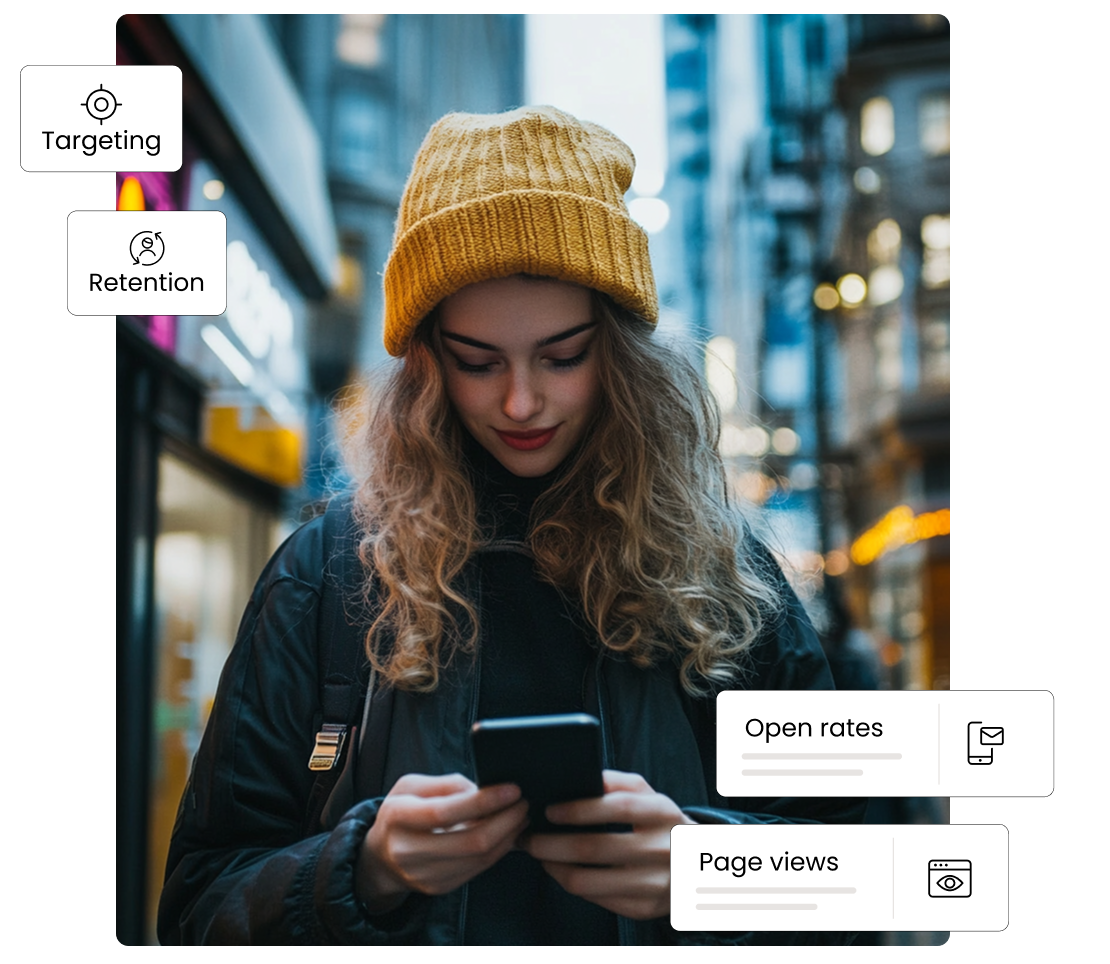 Girl walking in a city looking at a phone.