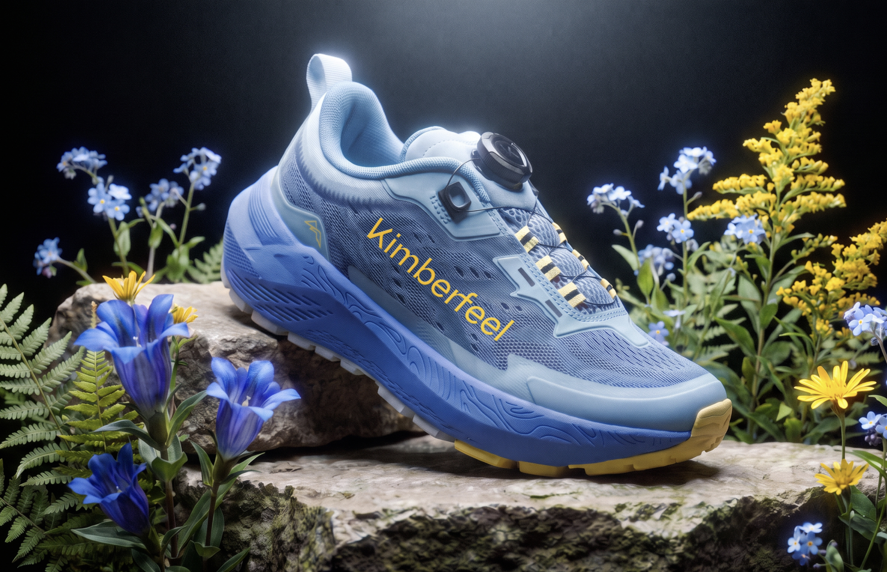 Chaussure de trail Kimberfeel sur un rocher fleuri
