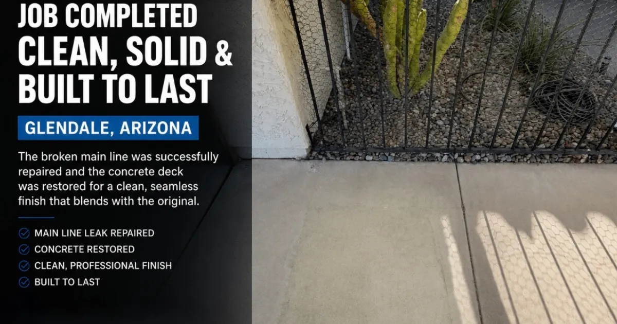 Completed main line leak repair with restored concrete deck in Glendale Arizona by Leak Tech LLC