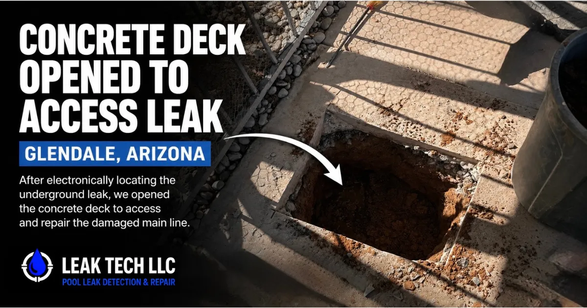 Main line leak location marked under concrete deck during pool leak detection in Glendale AZ by Leak Tech LLC