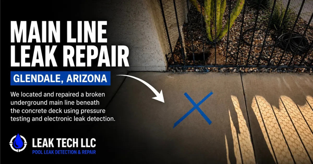 Main line repair location identified and marked during pool leak repair in Glendale AZ by Leak Tech LLC
