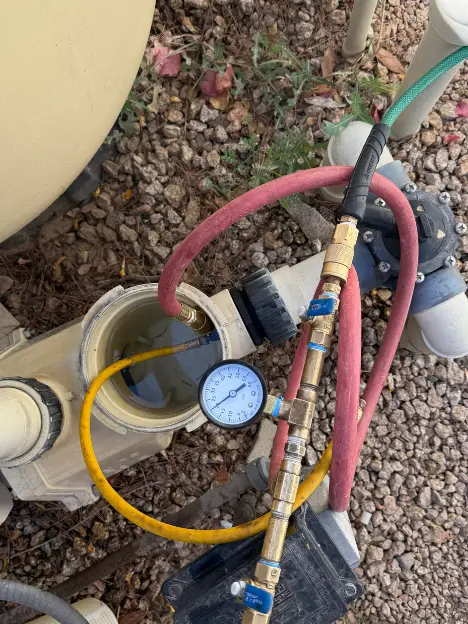 Pool plumbing pressure testing equipment used by Leak Tech LLC in Scottsdale AZ