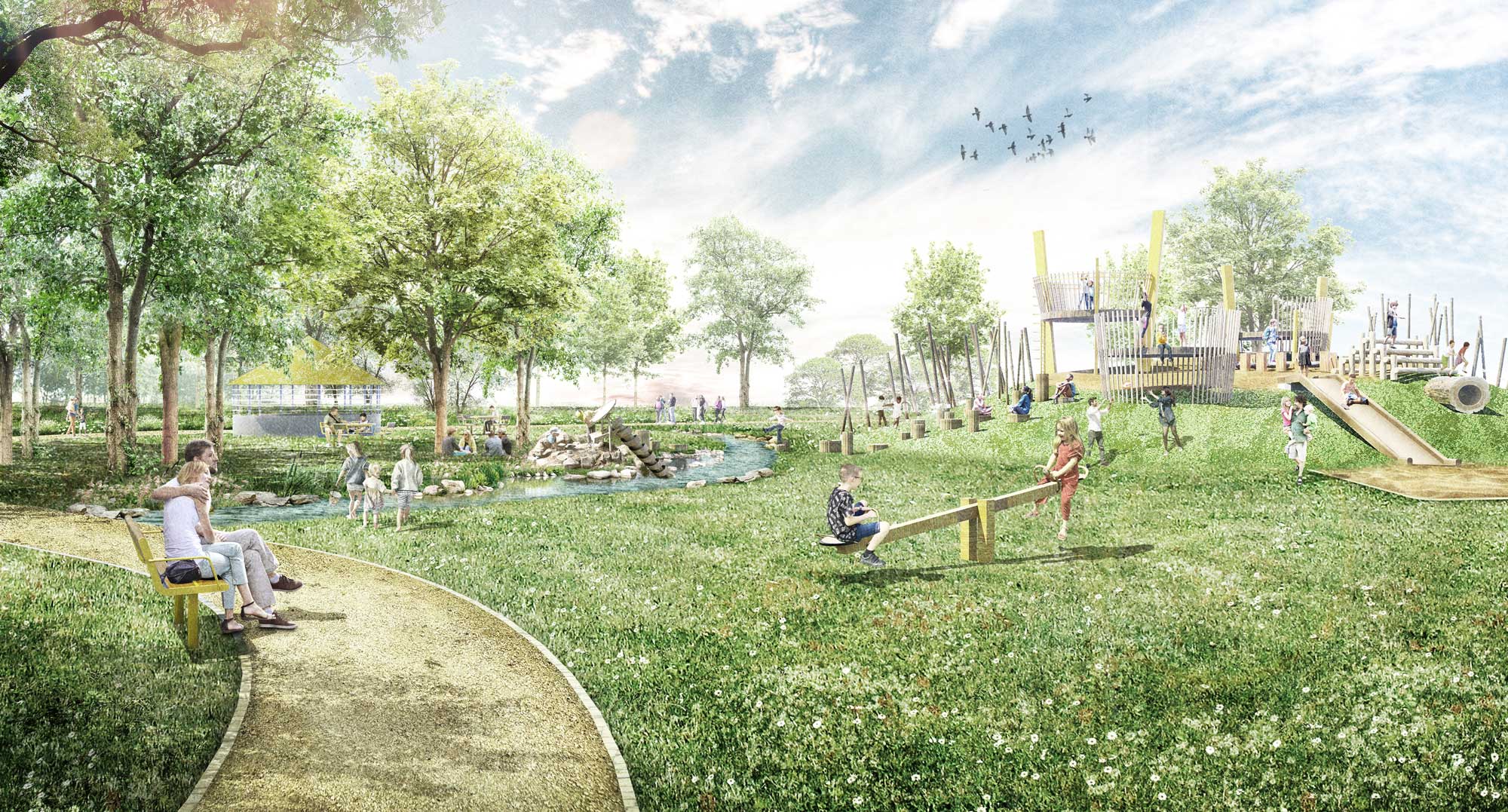 Ein sonniger Park mit grünen Wiesen, Bäumen und einem kleinen Bach, auf dem Kinder auf einer Wippe spielen und andere am Klettergerüst, dazu sitzen Menschen auf einer Bank am Weg.
