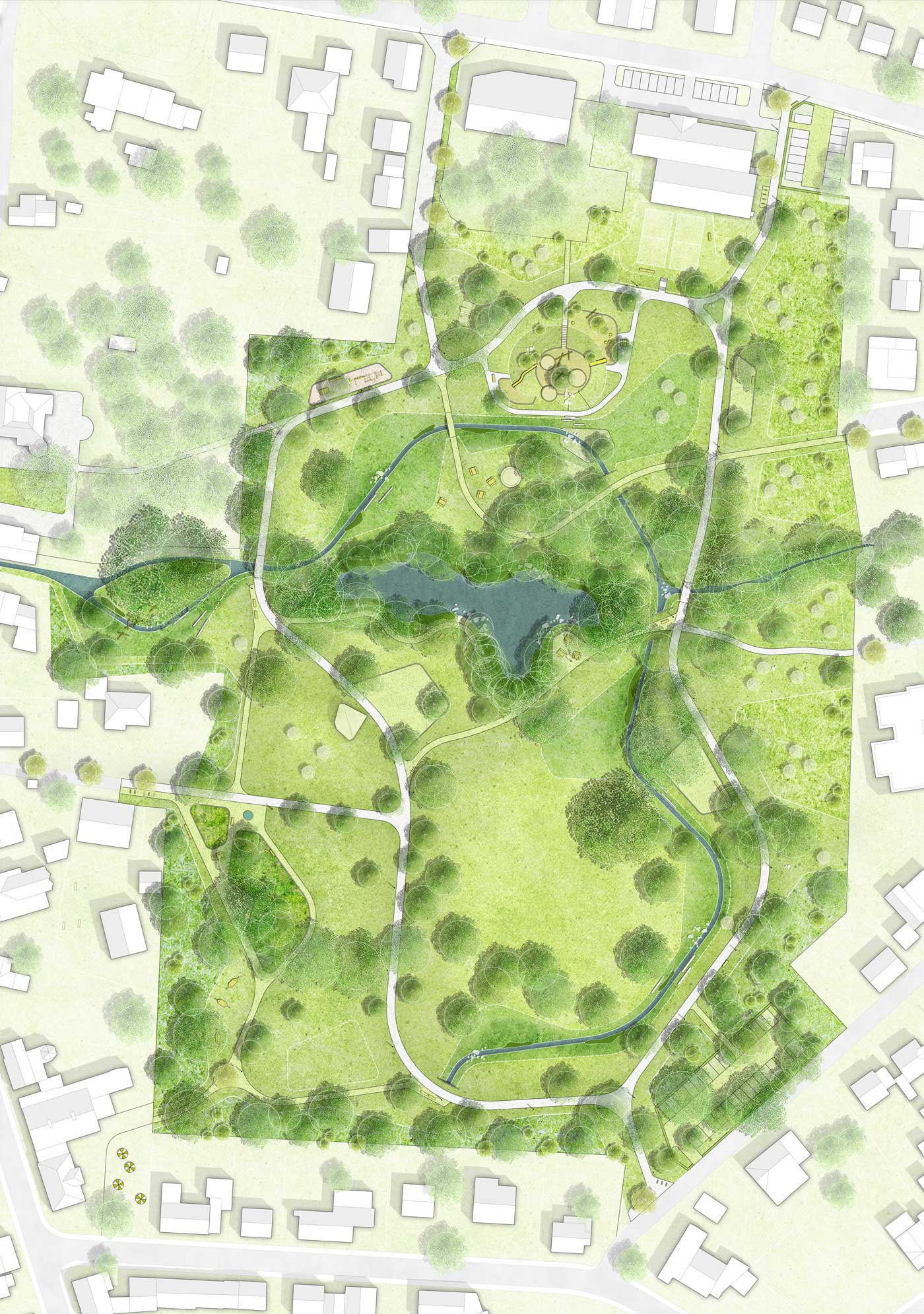 Übersichtlicher Lageplan eines Parks mit Wegen, Bäumen, einem See in der Mitte, Spielplatz nahe der oberen Mitte, umgeben von Wohngebäuden und Straßen.